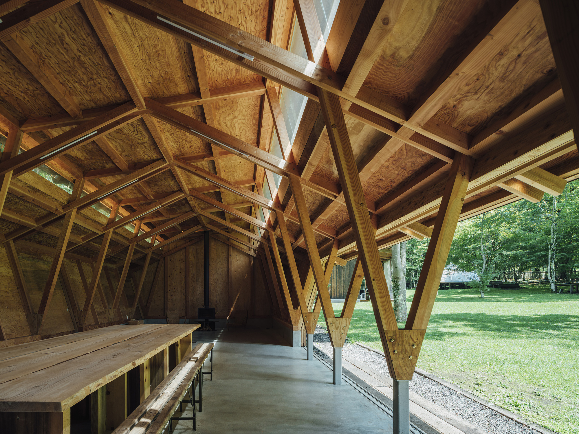 Interior corridor with diagonal timber columns and plywood-lined walls opening to the surrounding park