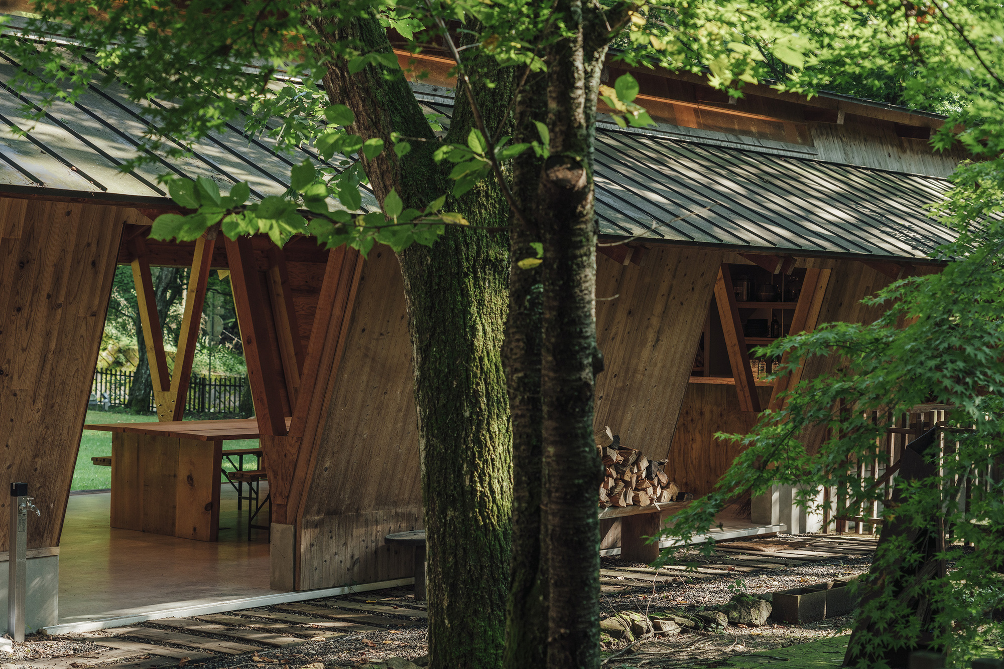 Timber pavilion with metal roof and diagonal columns framed by moss-covered tree trunks and green foliage