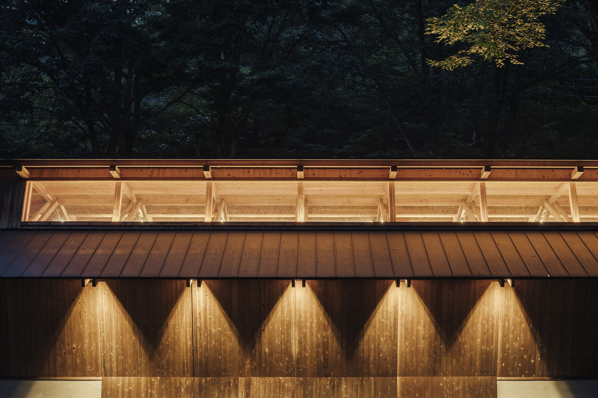 Night view of clerestory windows and illuminated diagonal timber braces above weathered metal cladding