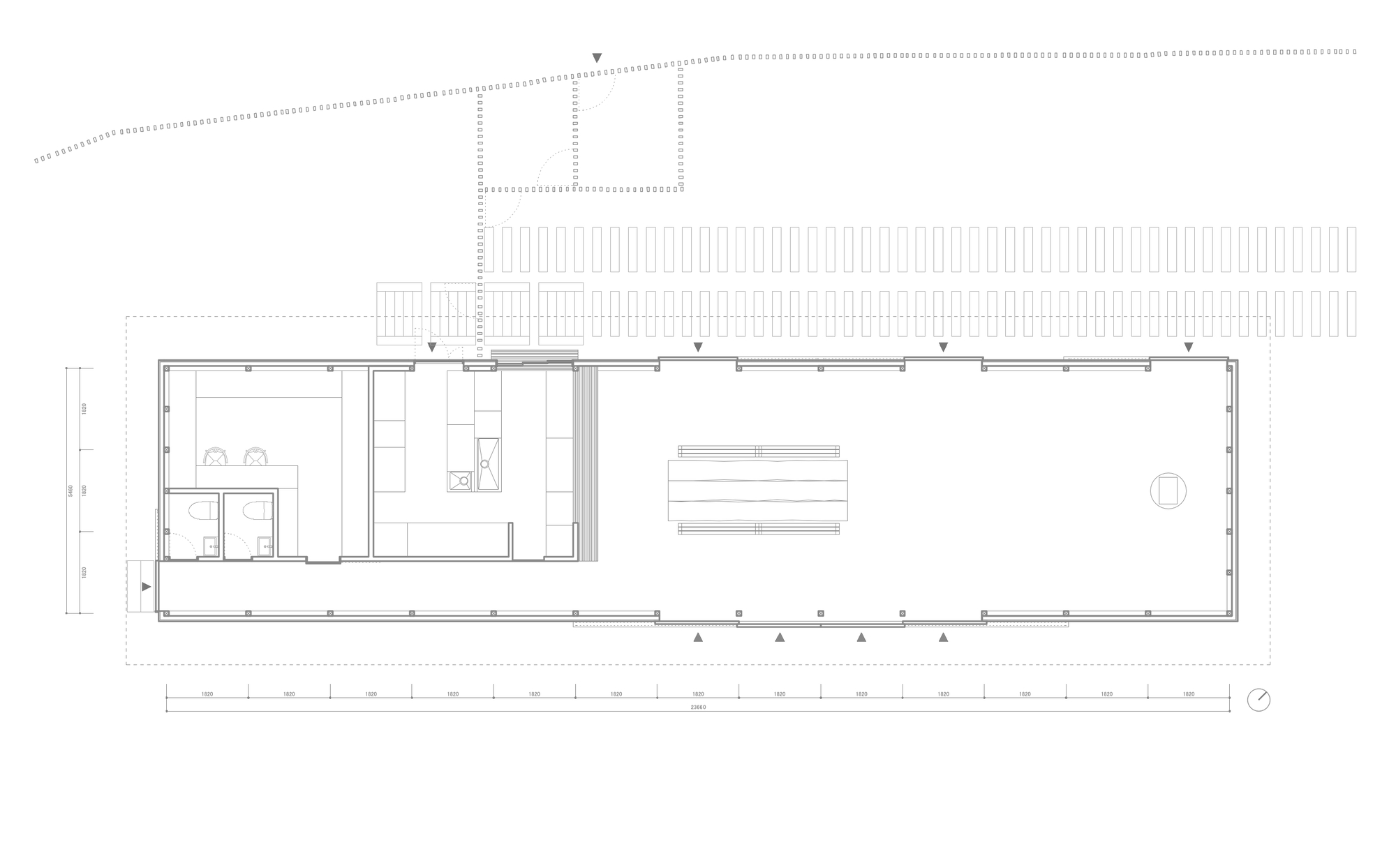 Floor plan drawing showing a linear volume with covered deck, service spaces, and open interior