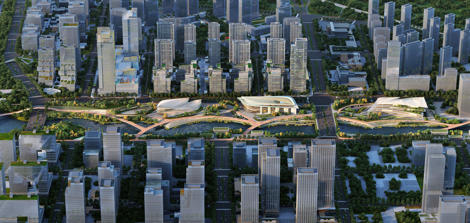 Aerial view of curved white pavilion roofs connected by elevated pedestrian bridges across a green park
