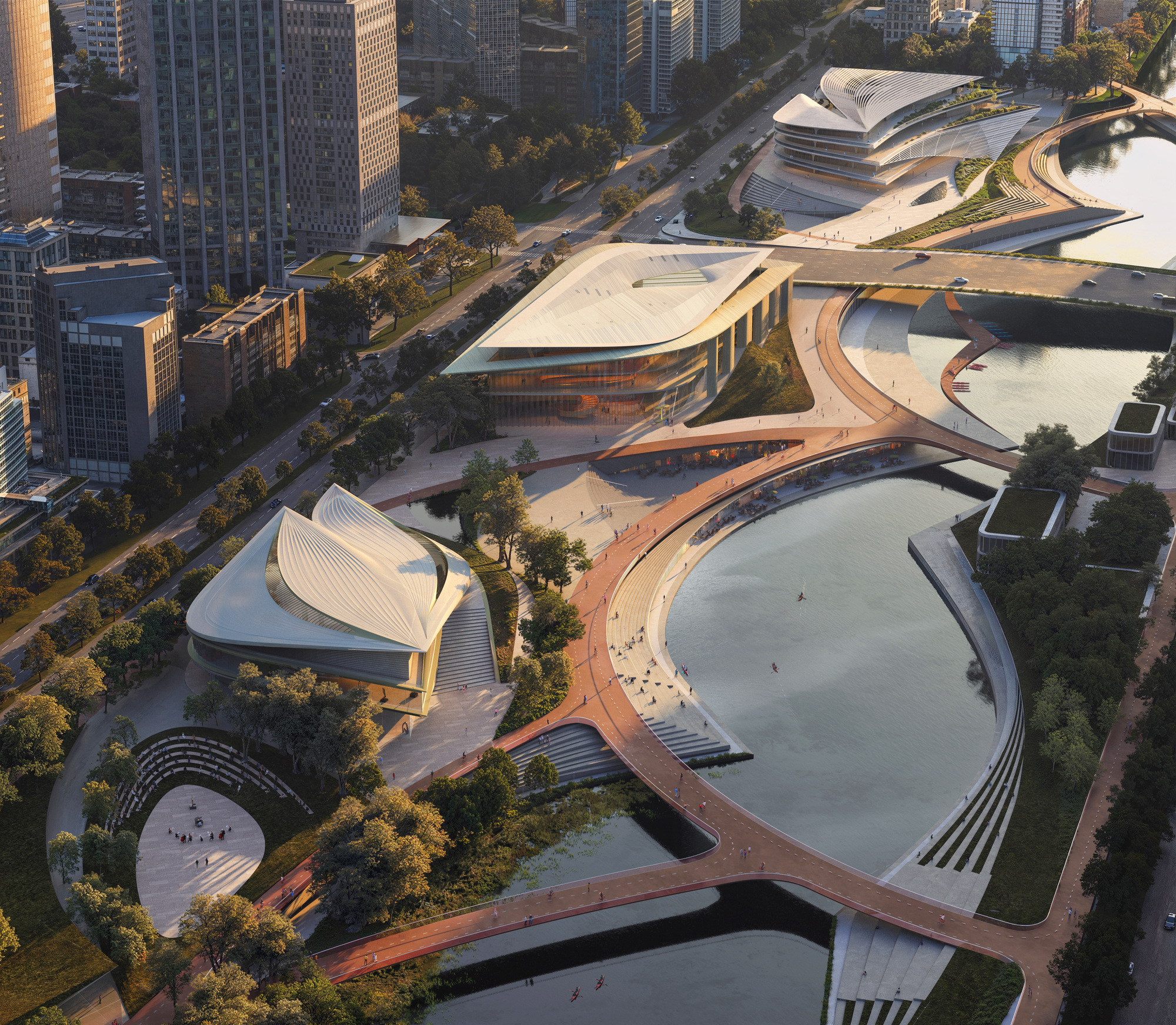 Cluster of curved white roof volumes linked by elevated timber pathways in golden hour light