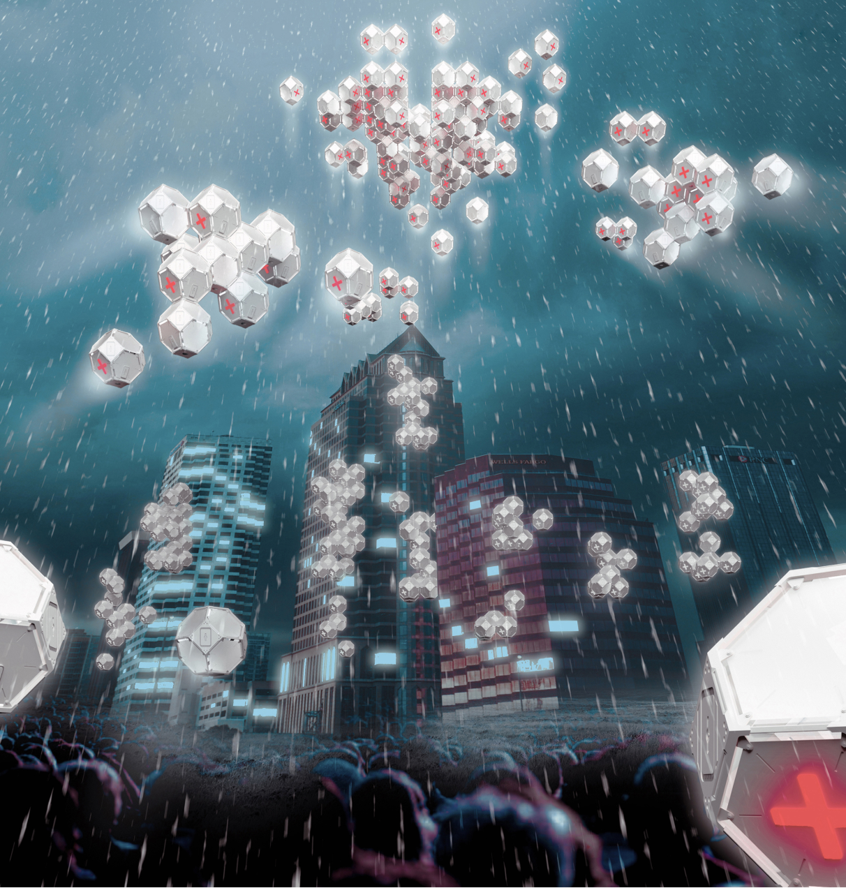 Emergency-ready pods descend and reorganize in crisis scenarios, enabling isolation, safety, and rapid urban response.