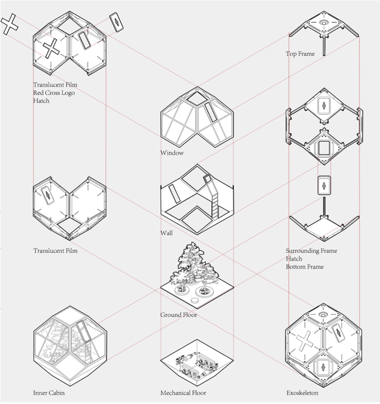Exploded axonometric reveals prefabricated modular unit system with layered structure, envelope, and mechanical integration.