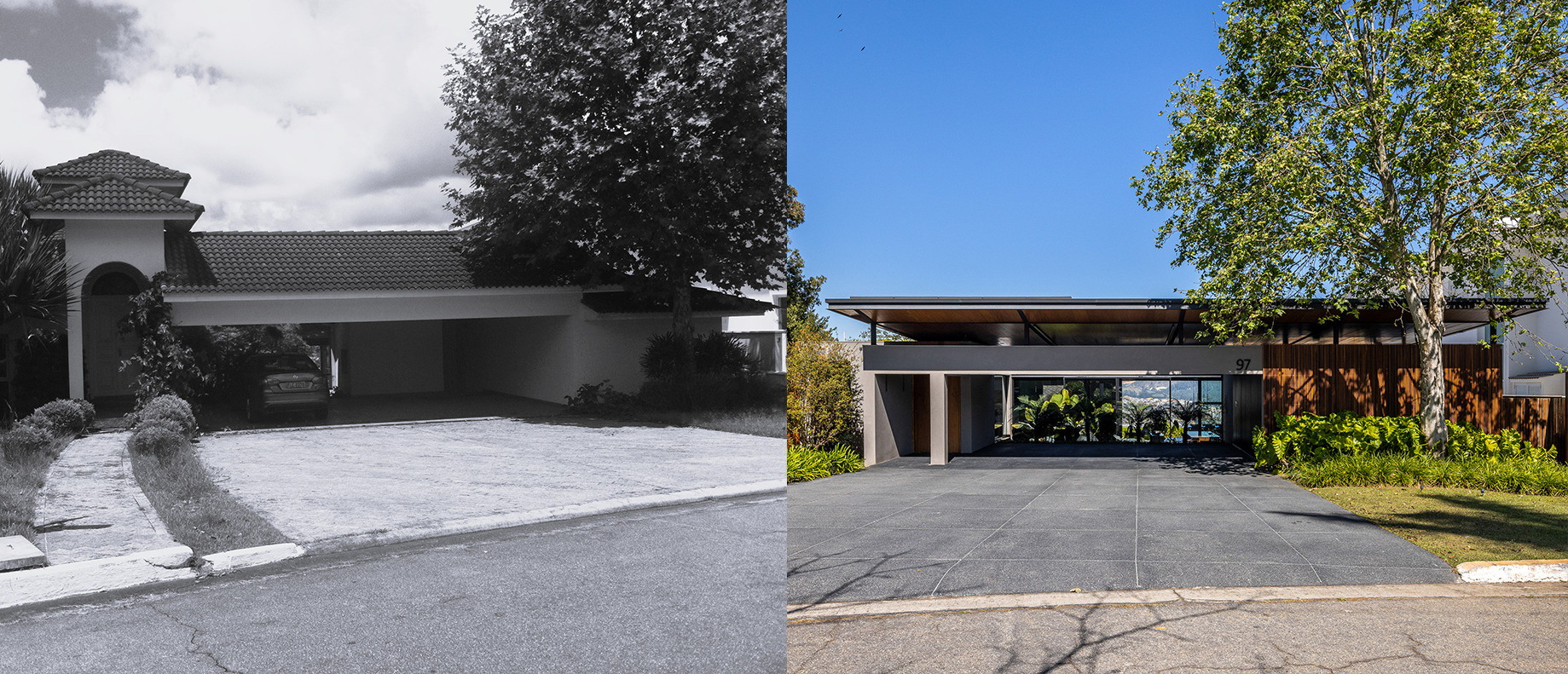 Side-by-side before and after view showing a garage facade renovation under clear blue sky