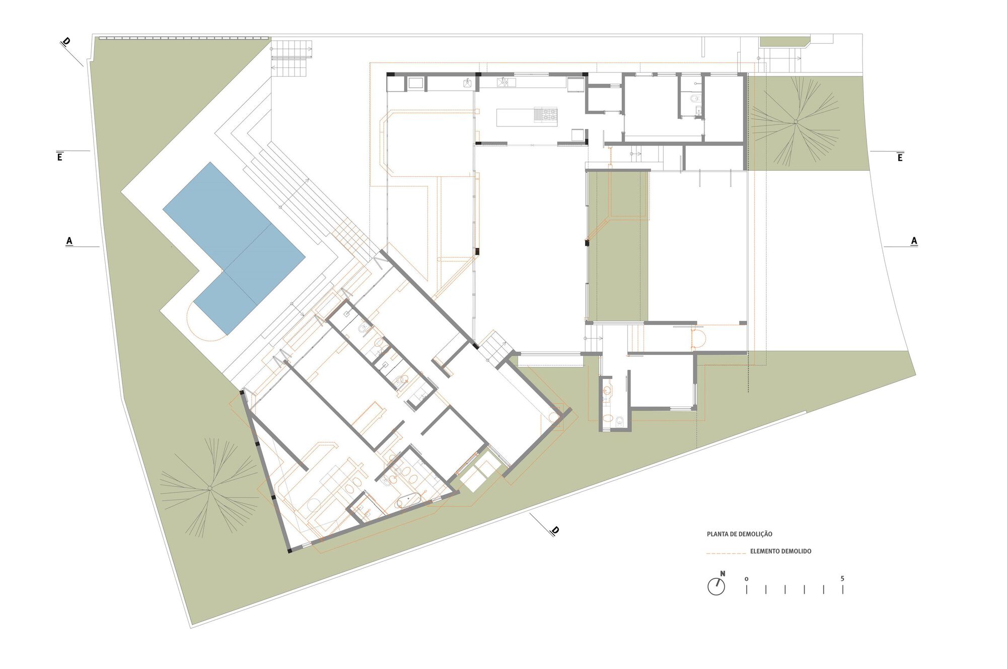 Demolition floor plan drawing showing walls to be removed and retained spaces