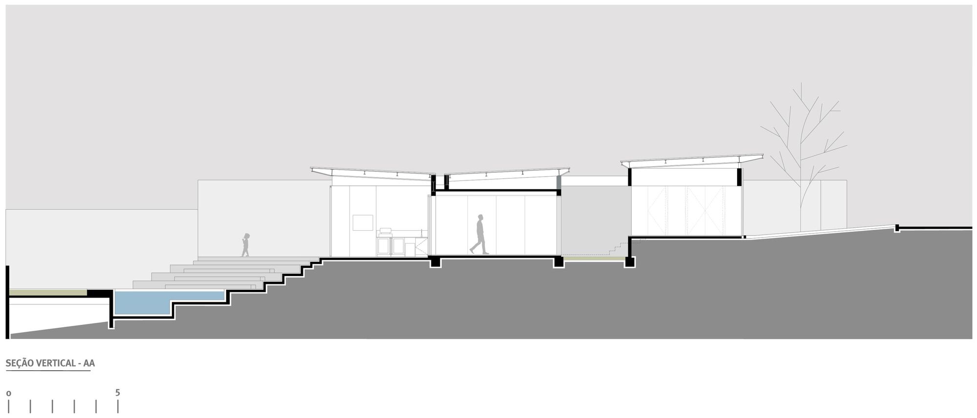 Section drawing showing stepped interior levels descending the slope toward a pool terrace