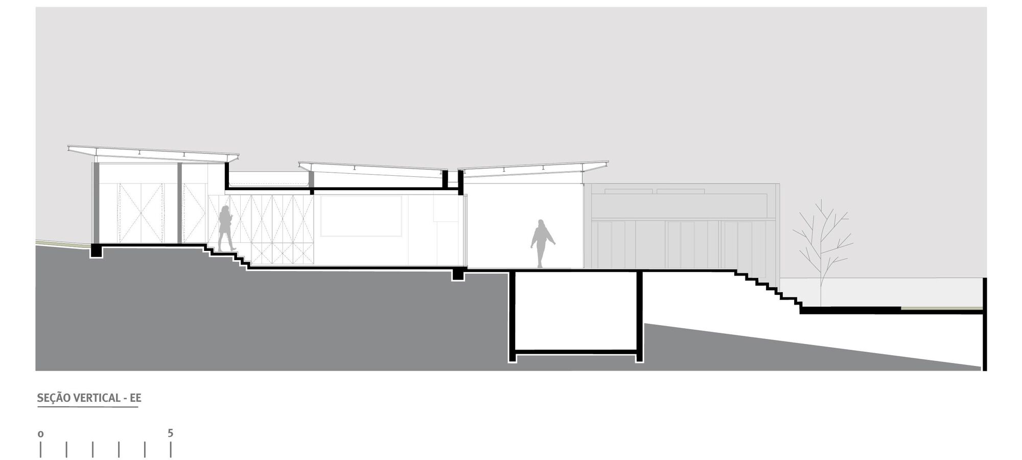 Sectional drawing showing a split-level residence stepping down a sloping site with a central courtyard