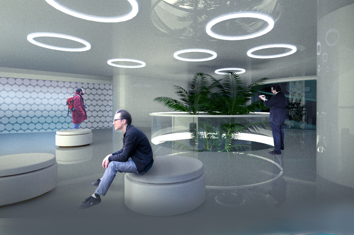 Layered social interior shaped by light rings and fluid spatial continuity.