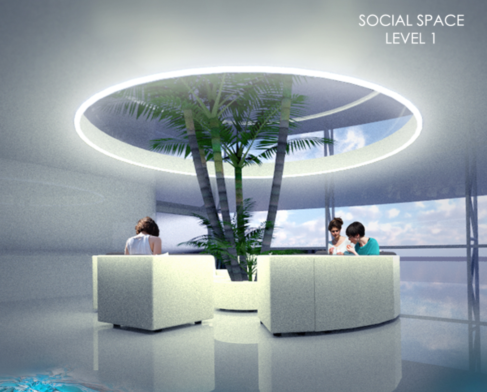 Minimal social space framed by light, water, and calm interaction.