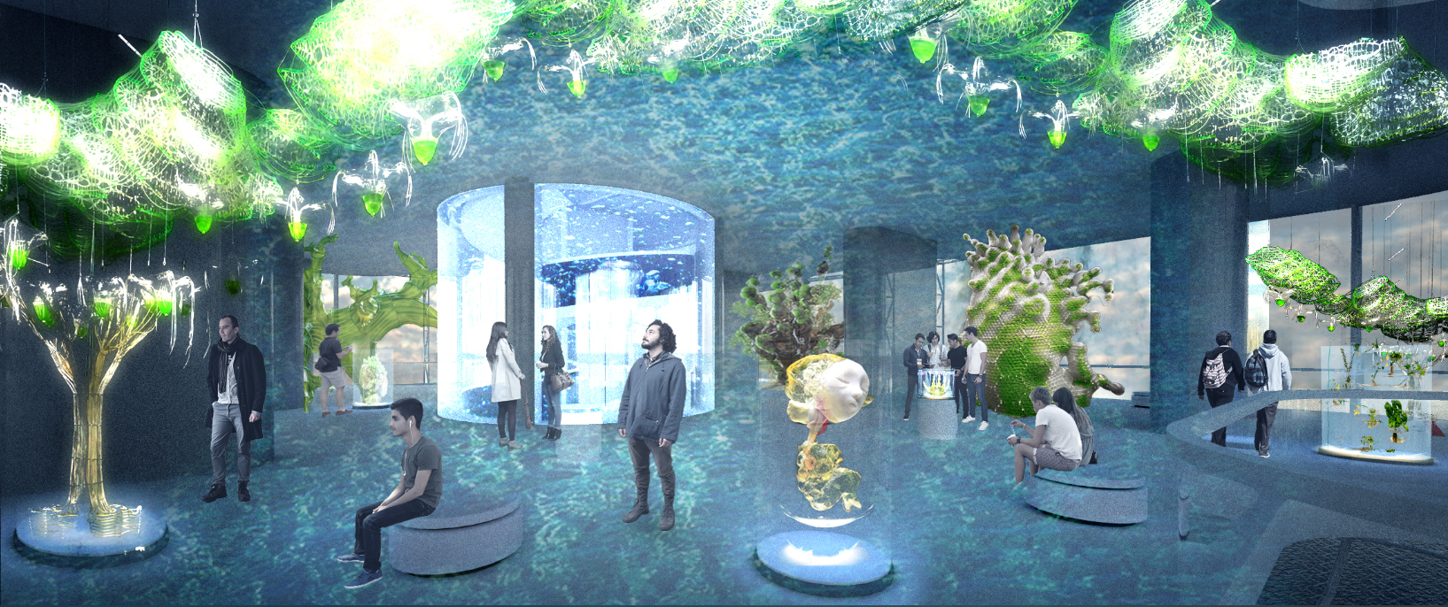 Hall of Proximity immersing visitors within marine ecosystems and bio-digital installations.