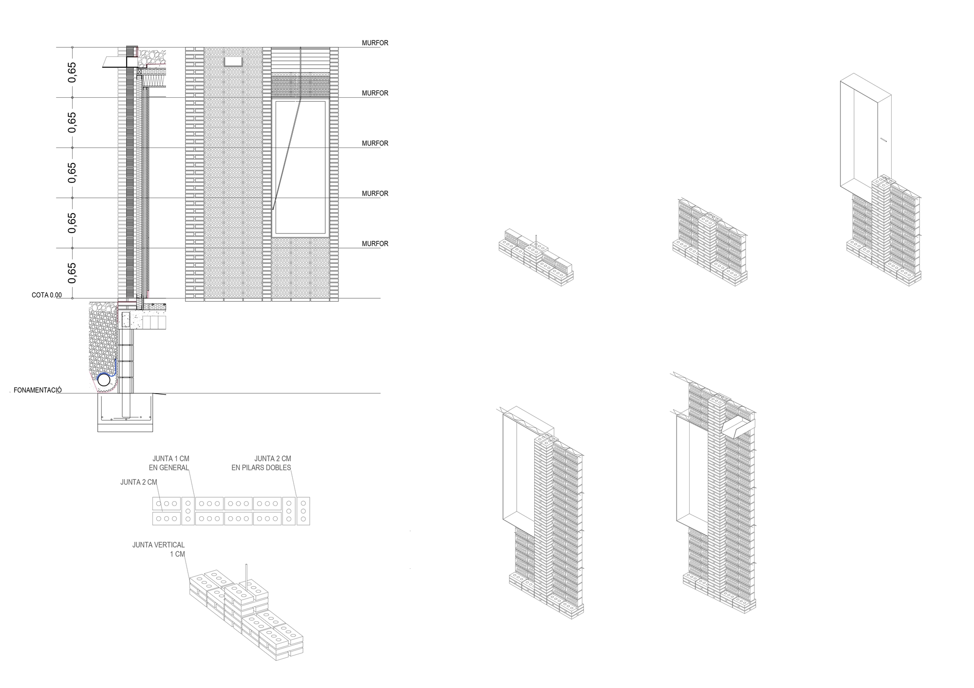 Construction detail and axonometric drawings illustrating the layered brick wall assembly and foundation connection