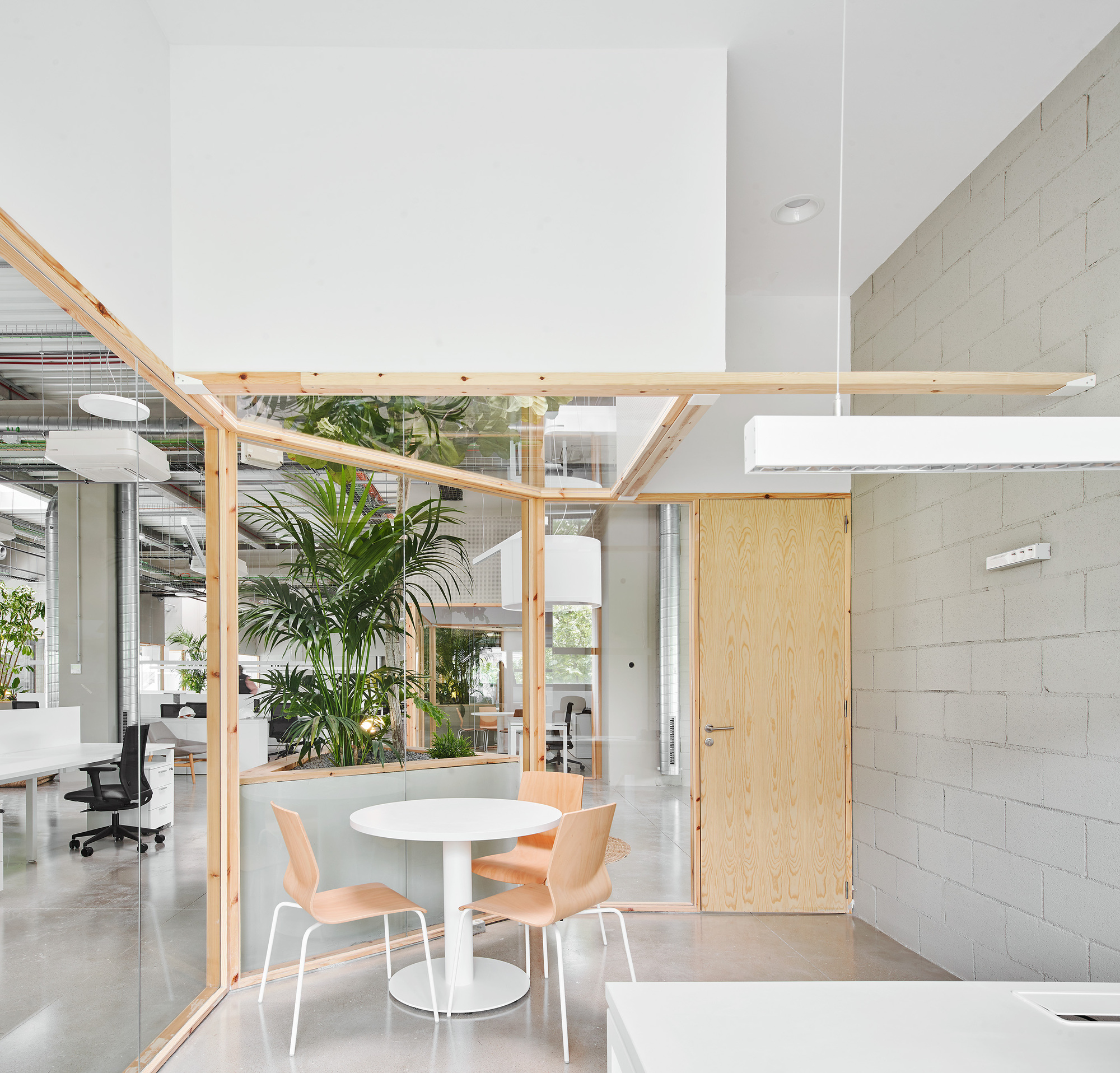 Corner meeting nook framed in timber with glass walls and a painted masonry block wall