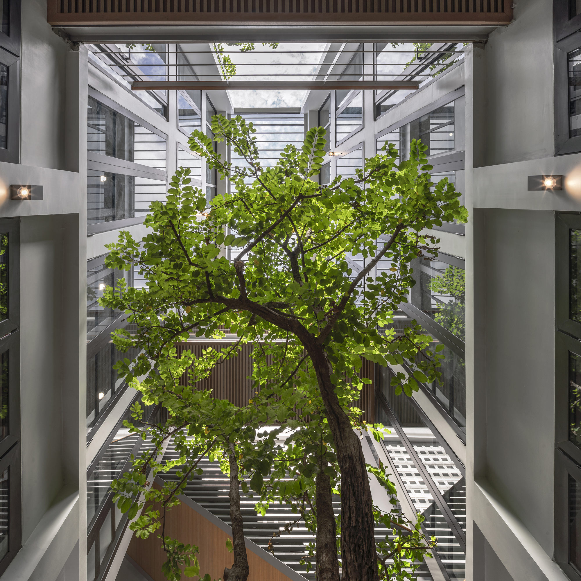 Upward view of the central atrium with a tree rising through horizontal louvered bridges