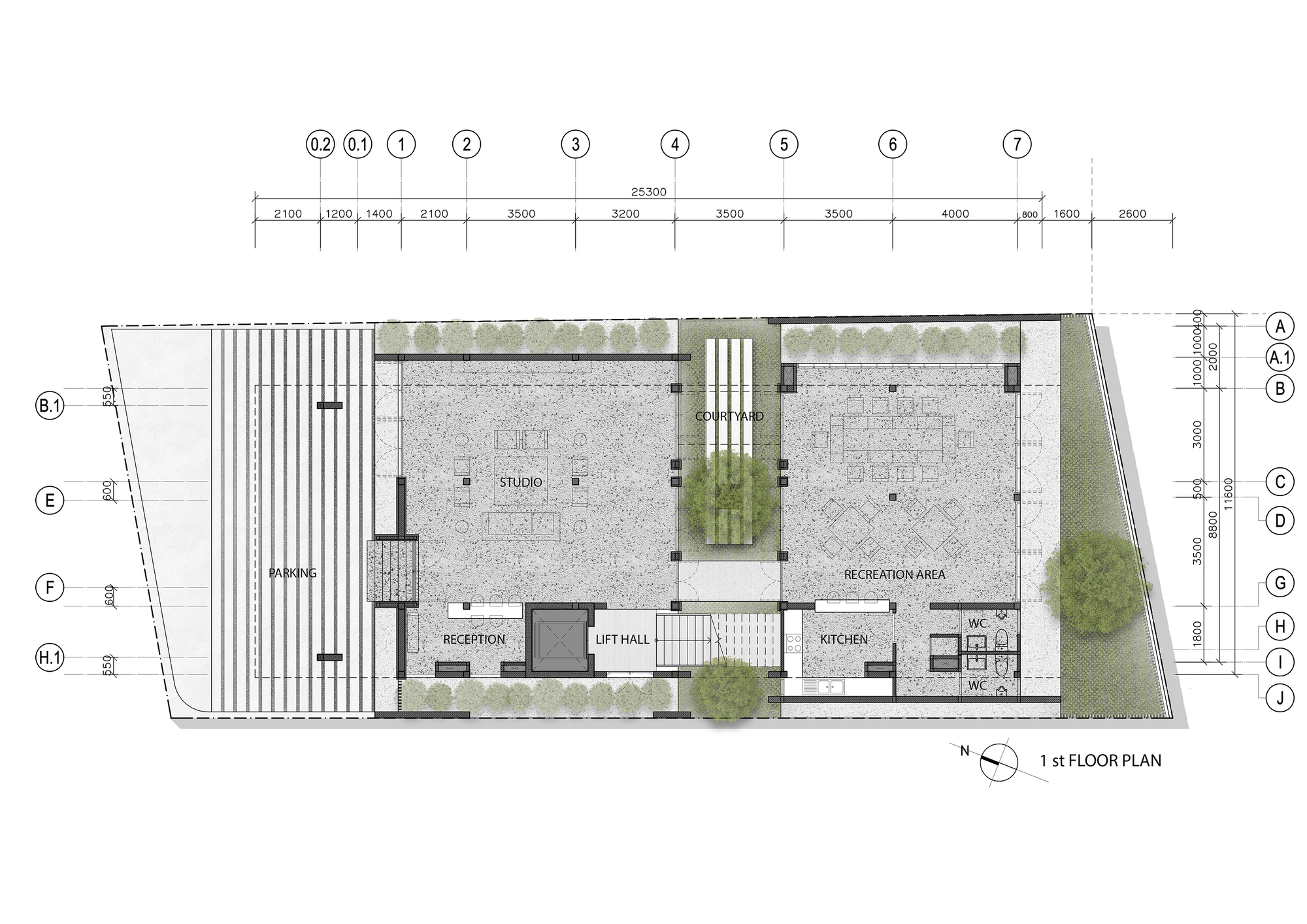 First floor plan showing studio and recreation areas separated by a central lift hall and courtyard
