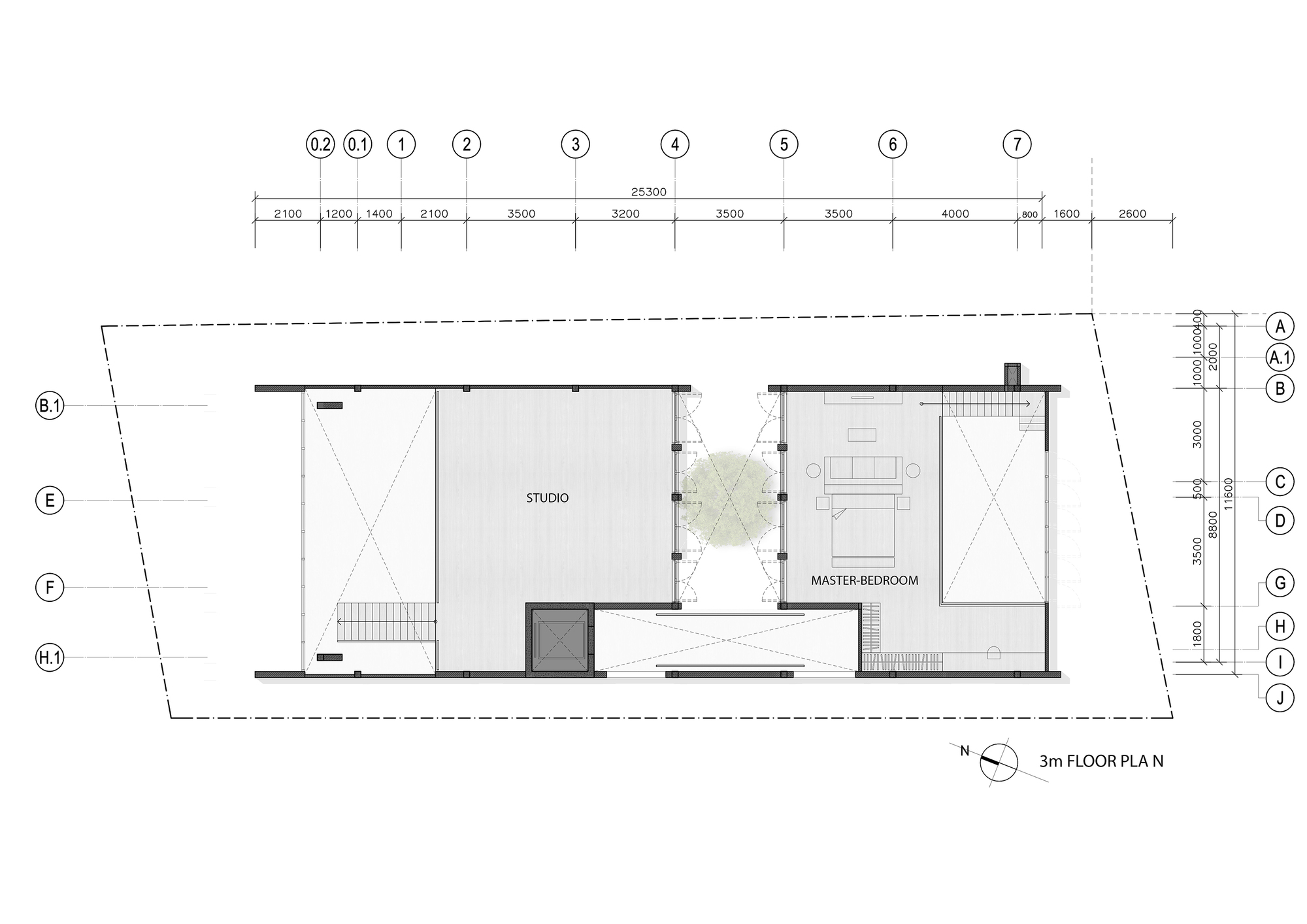 Mezzanine floor plan showing studio and master bedroom separated by a planted courtyard