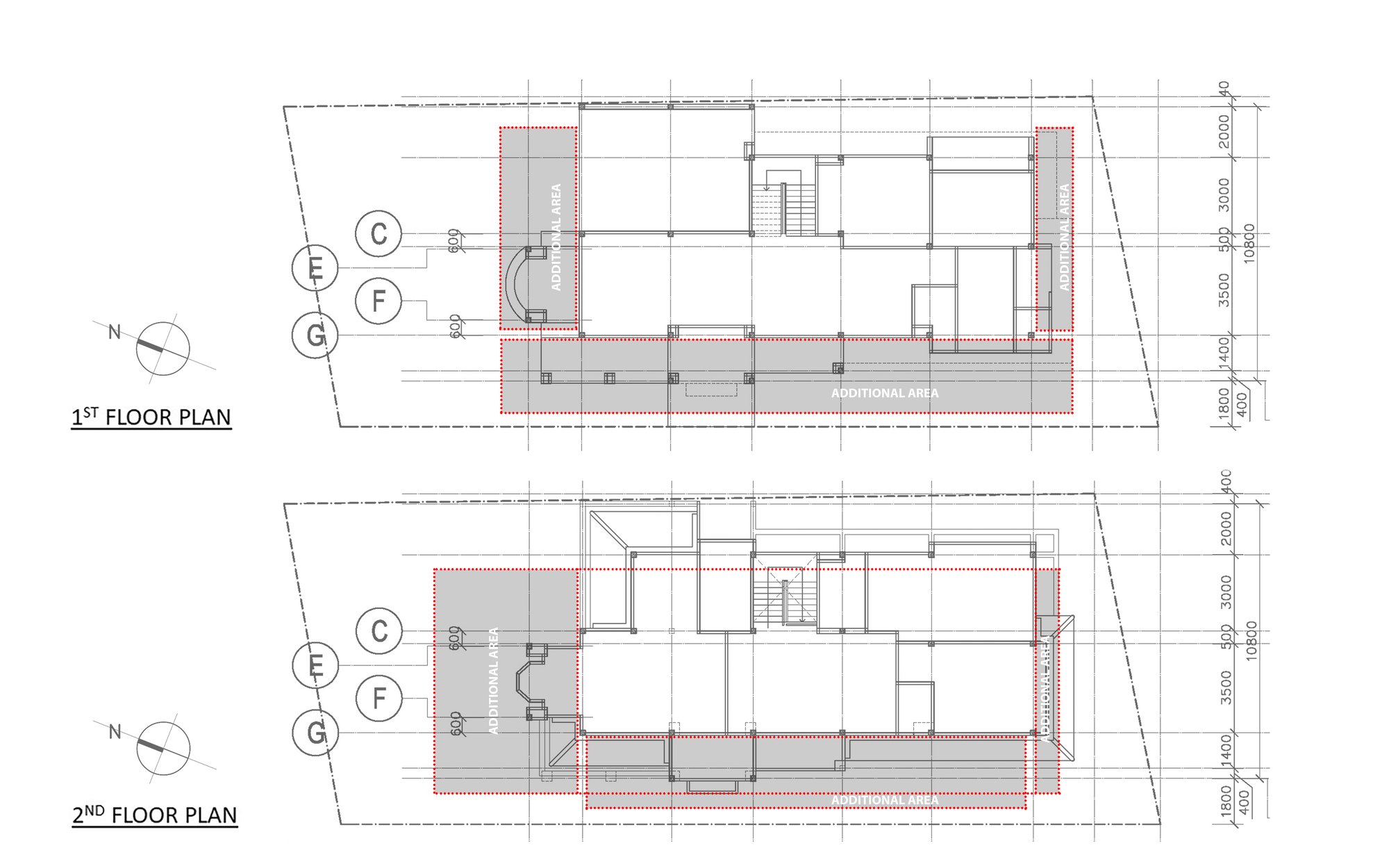 Longitudinal section drawing showing first and second floors with highlighted circulation zones