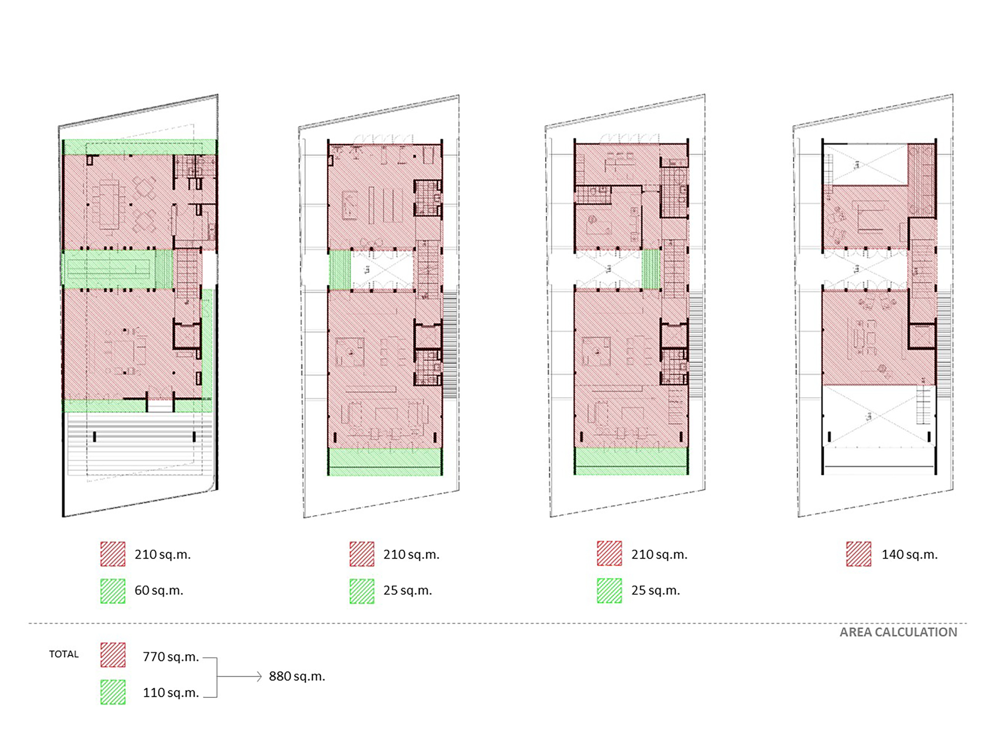 Area calculation diagram showing floor plans color-coded in pink and green with square meter totals