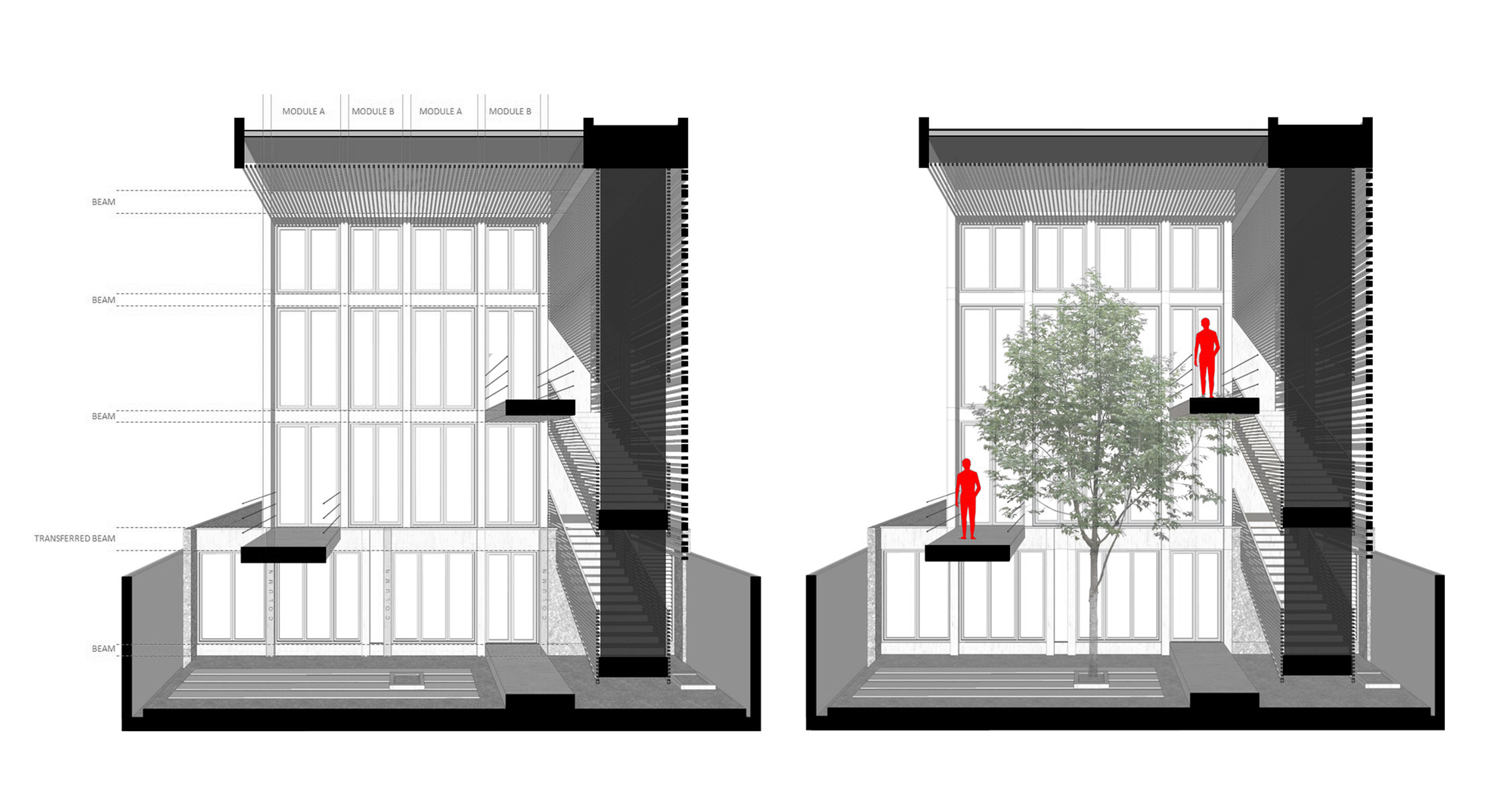 Section drawings showing glazed atrium with diagonal staircase and planted tree with human figures in red