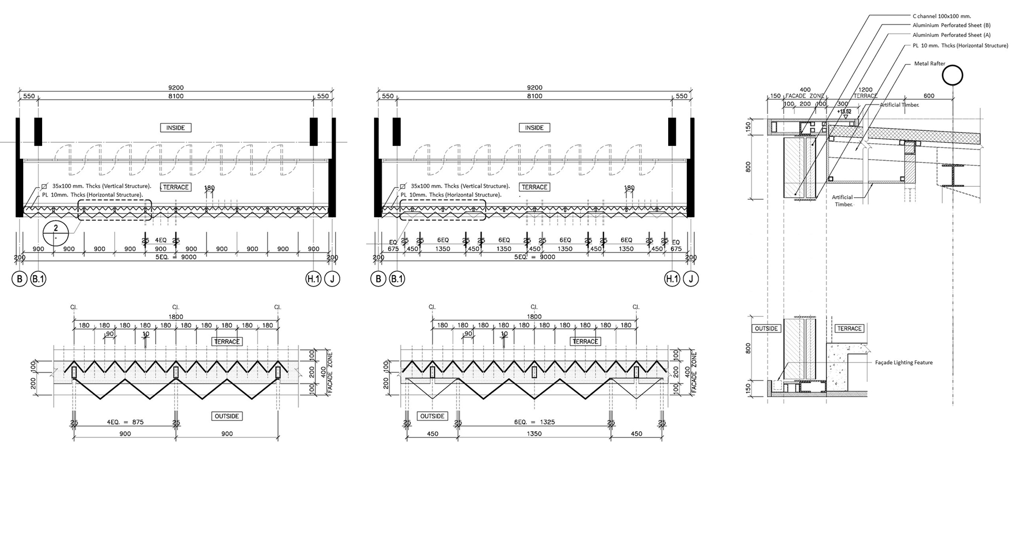Technical detail sections showing roof assembly with zigzag drainage layer and column connections