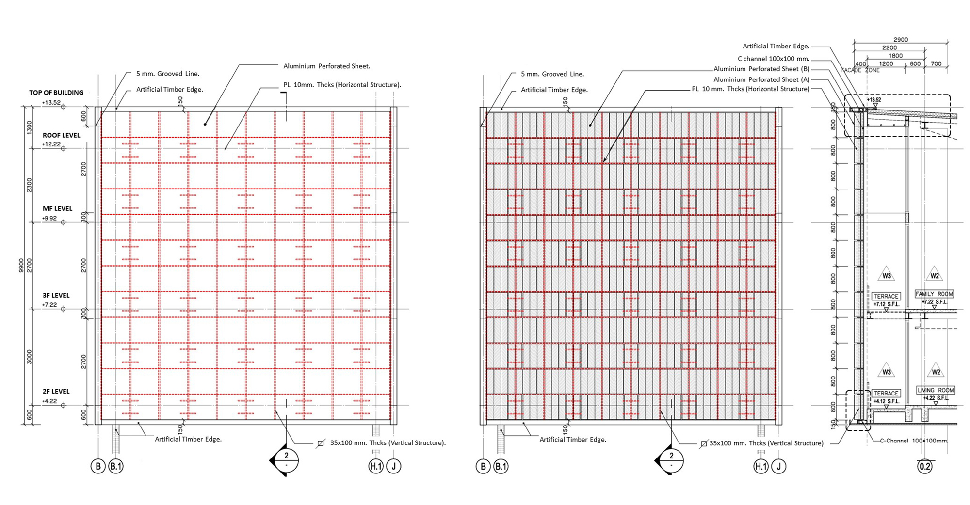 Elevation drawings showing structural grid with perforated metal panels and timber beam layout