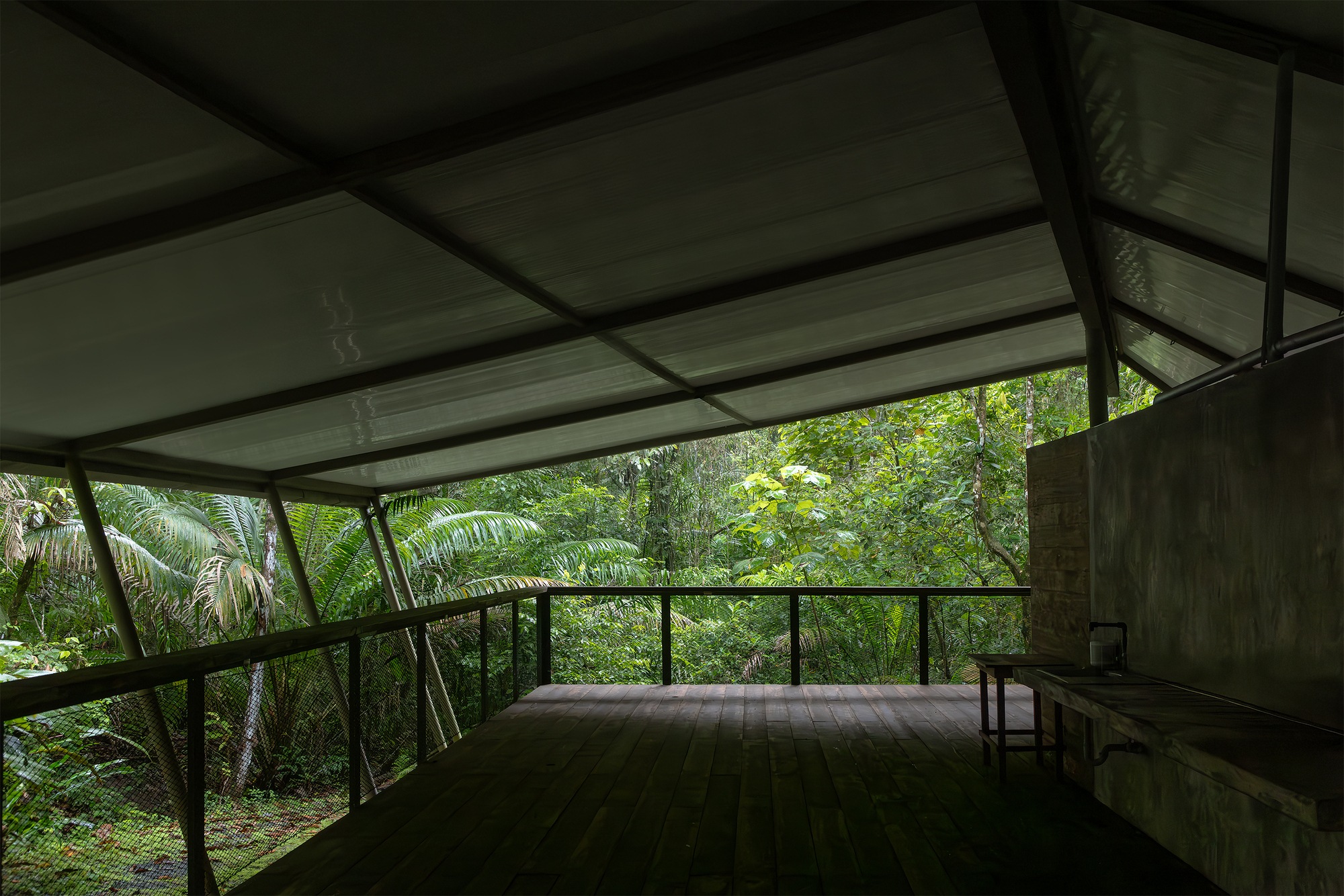 Open-air platform with steel truss roof and metal railings overlooking palm trees and jungle