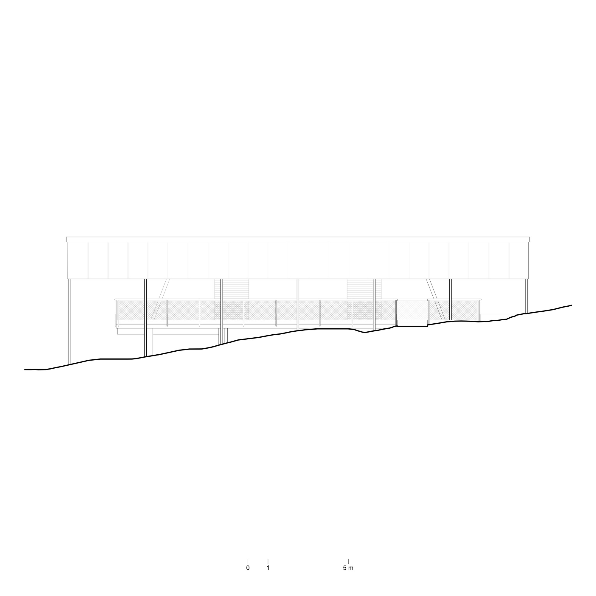 Elevation drawing of a linear structure following a sloping site with glazed openings below