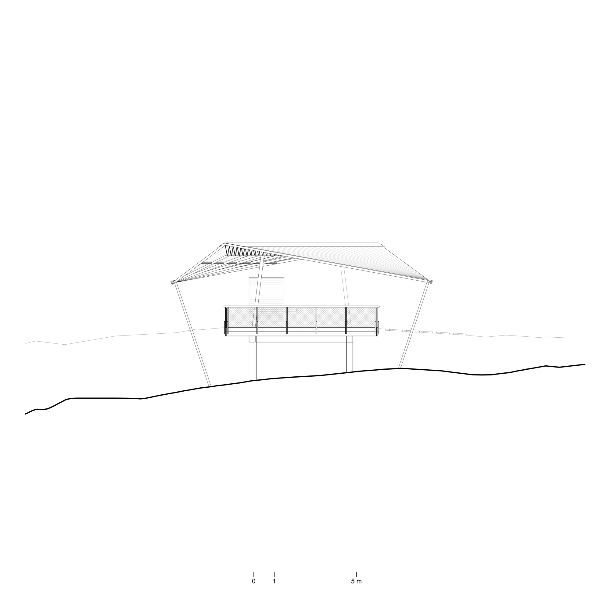 Section drawing showing a gabled structure with exposed rafters and an elevated terrace