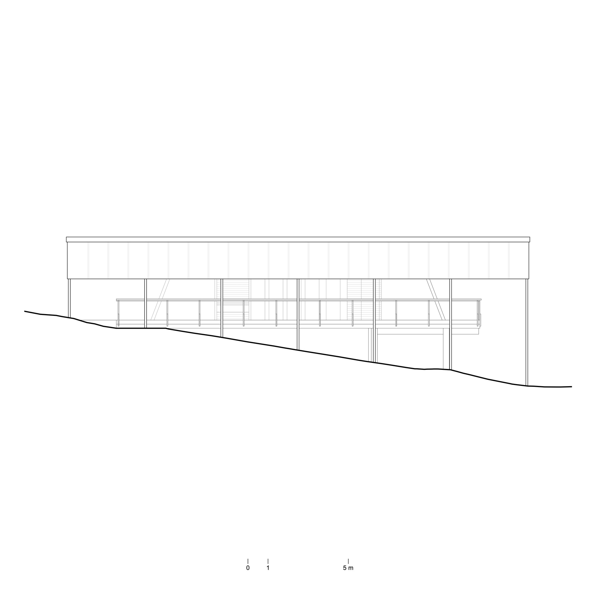 Elevation drawing of the glazed facade with vertical mullions on a descending slope
