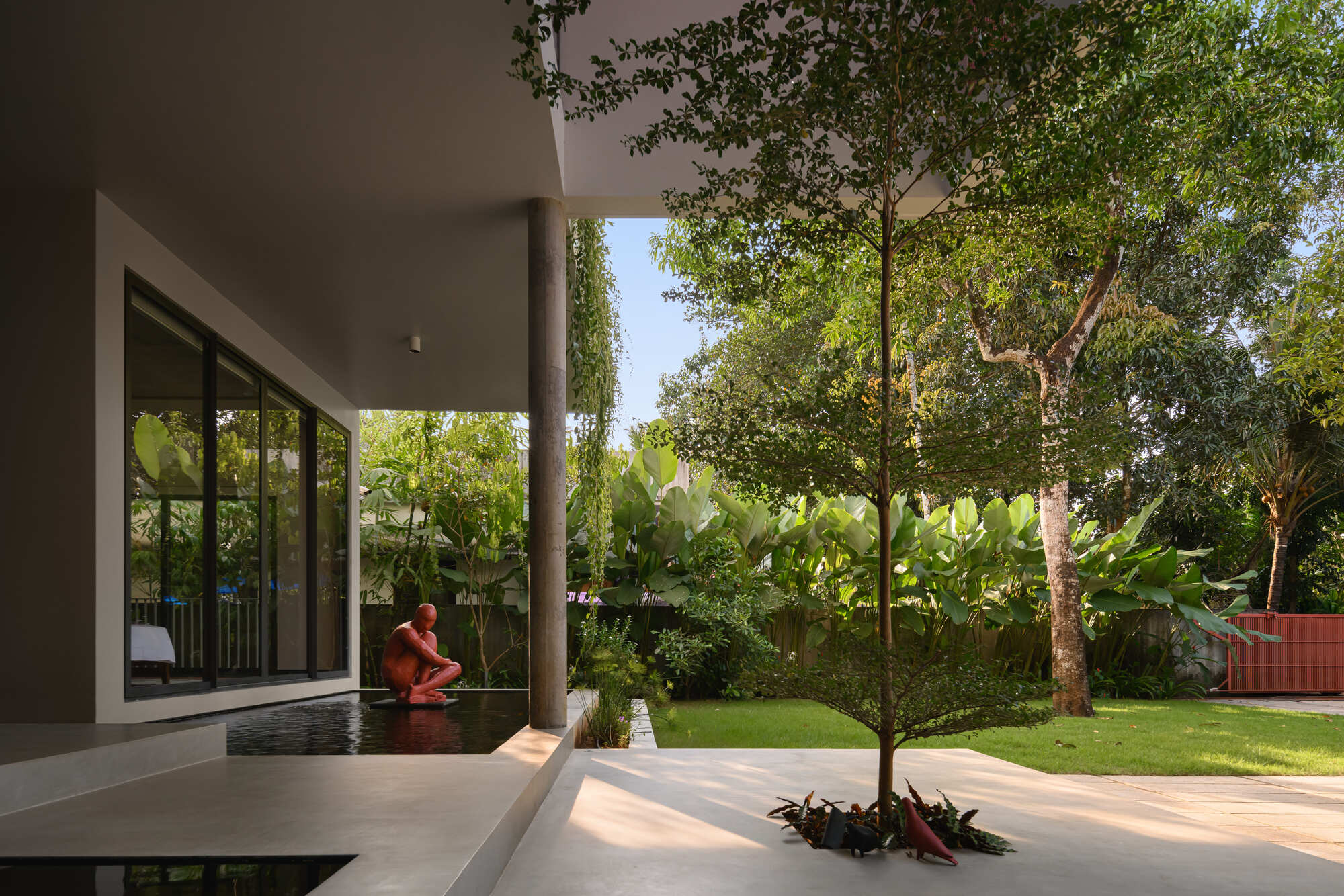 Covered terrace with reflecting pool and timber trees planted in the paving alongside a lawn