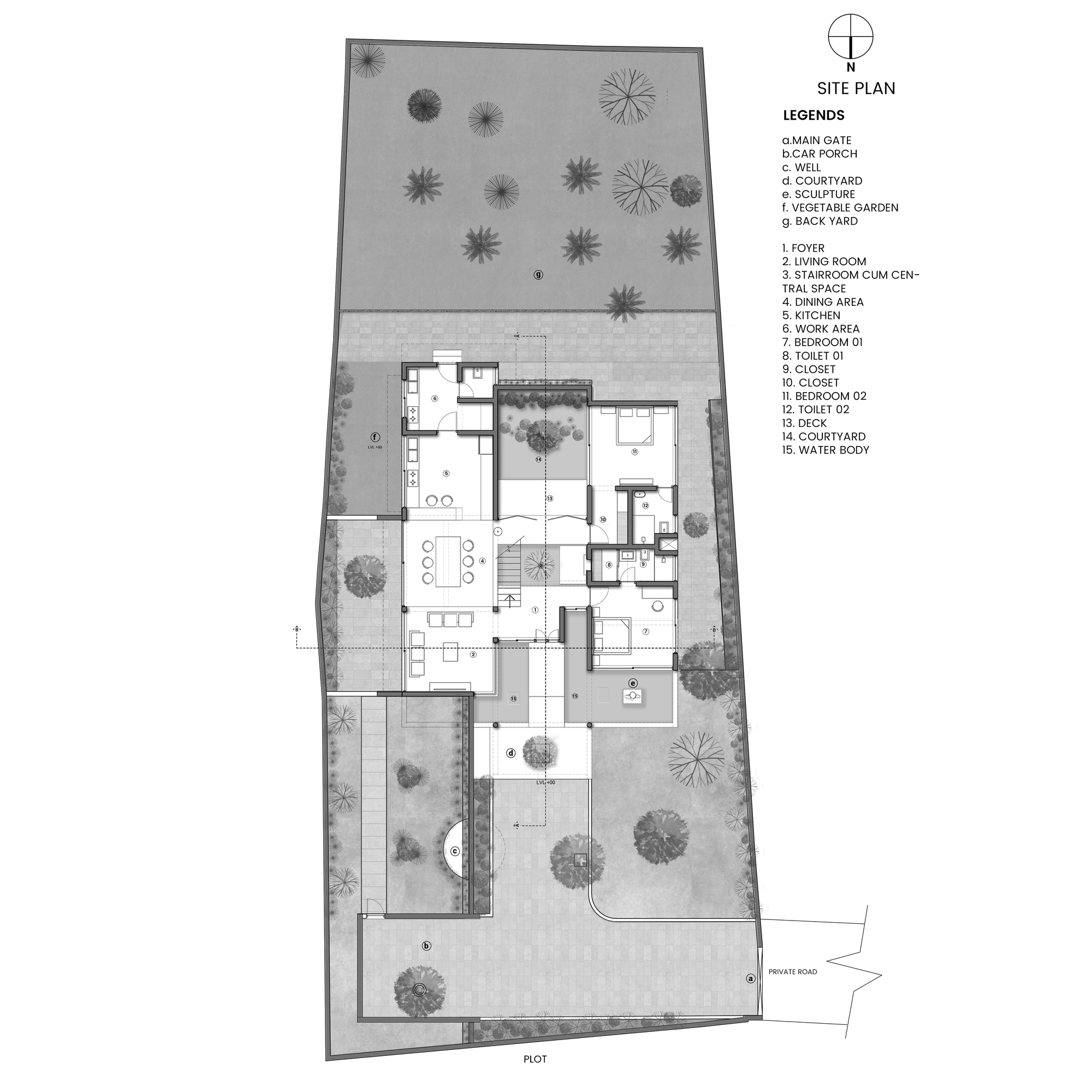 Site plan drawing showing the residence footprint with surrounding landscaped areas and tree locations on a trapezoidal lot