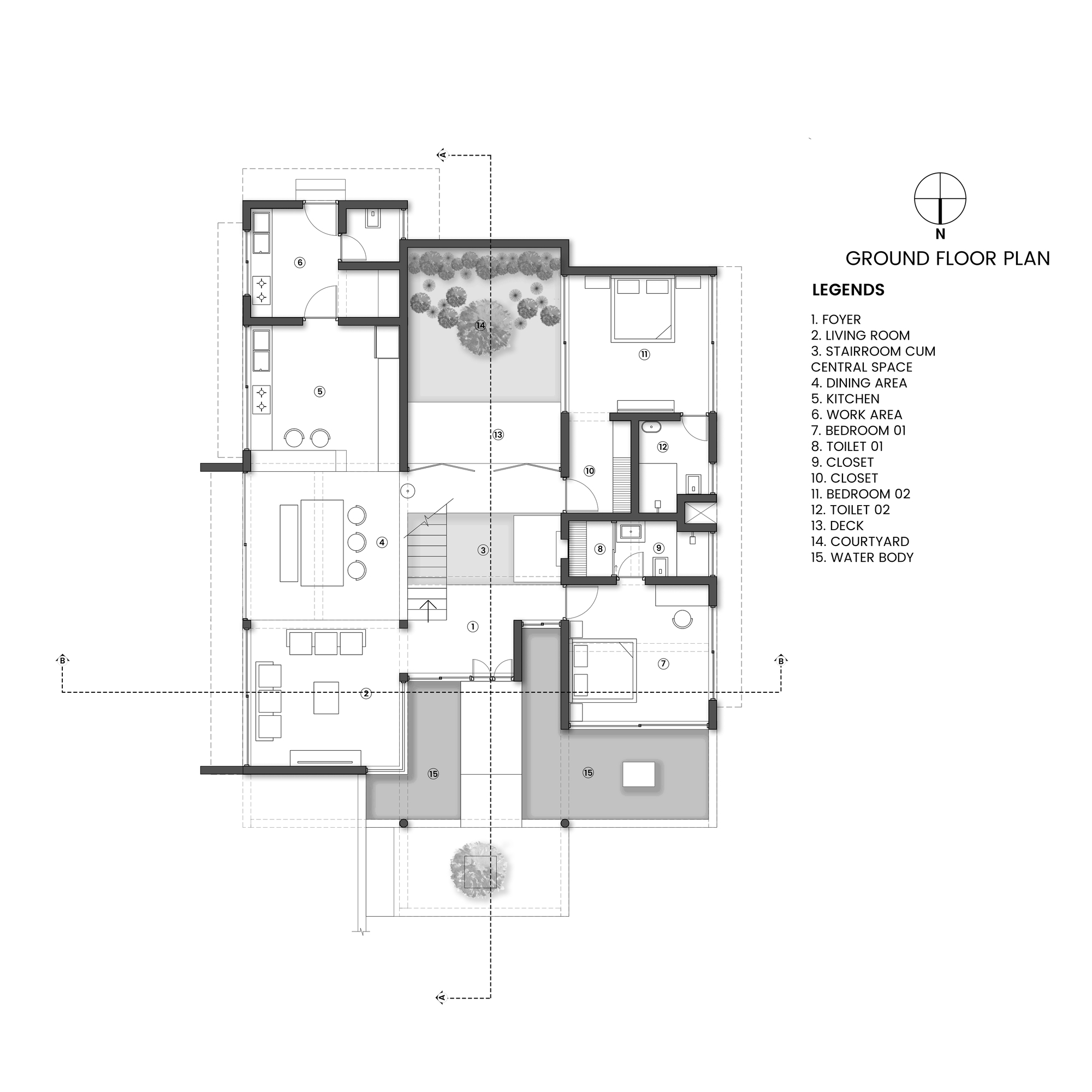 Ground floor plan drawing showing living spaces arranged around a central courtyard with trees