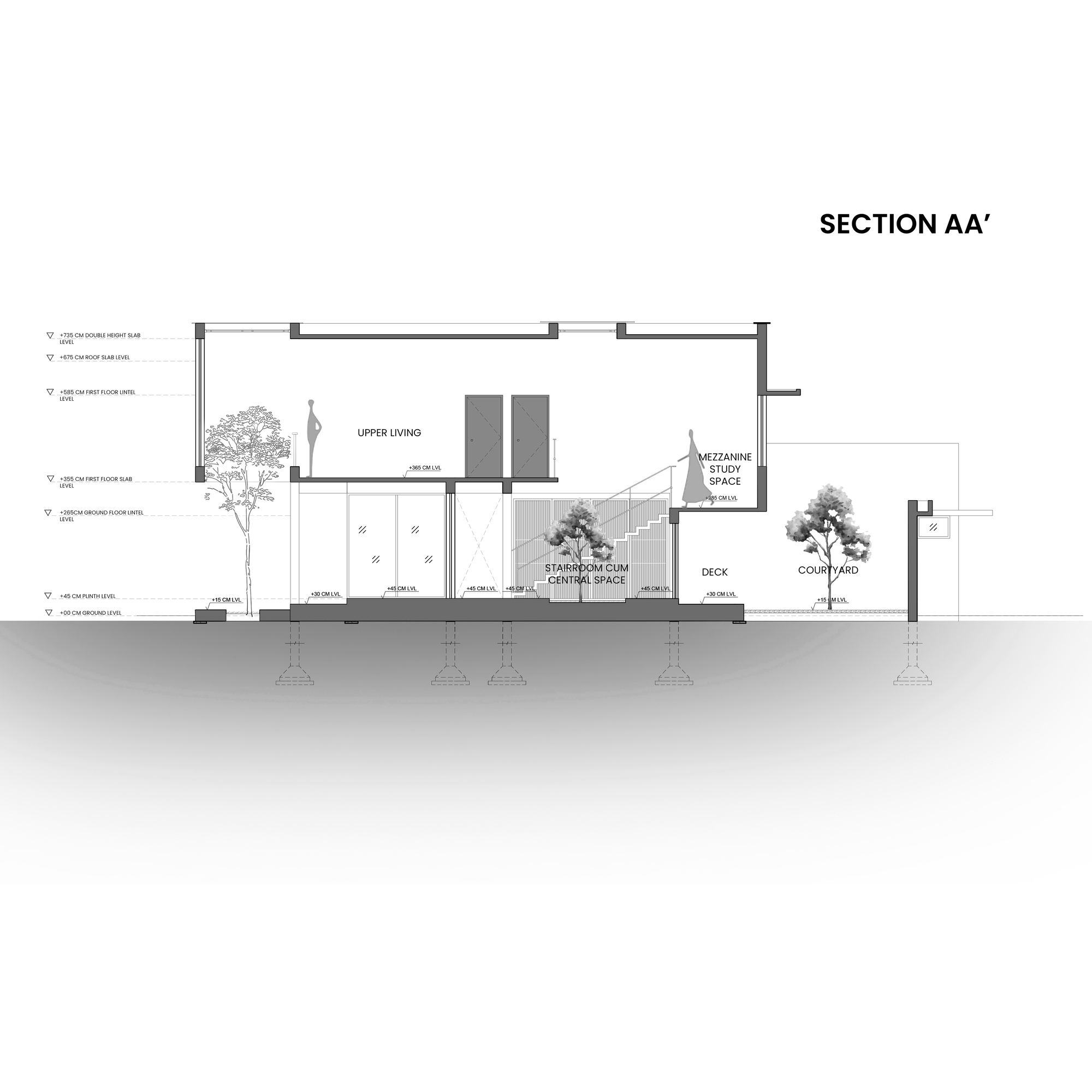 Section drawing revealing the split-level interior with a central stairway connecting upper living to deck and courtyard