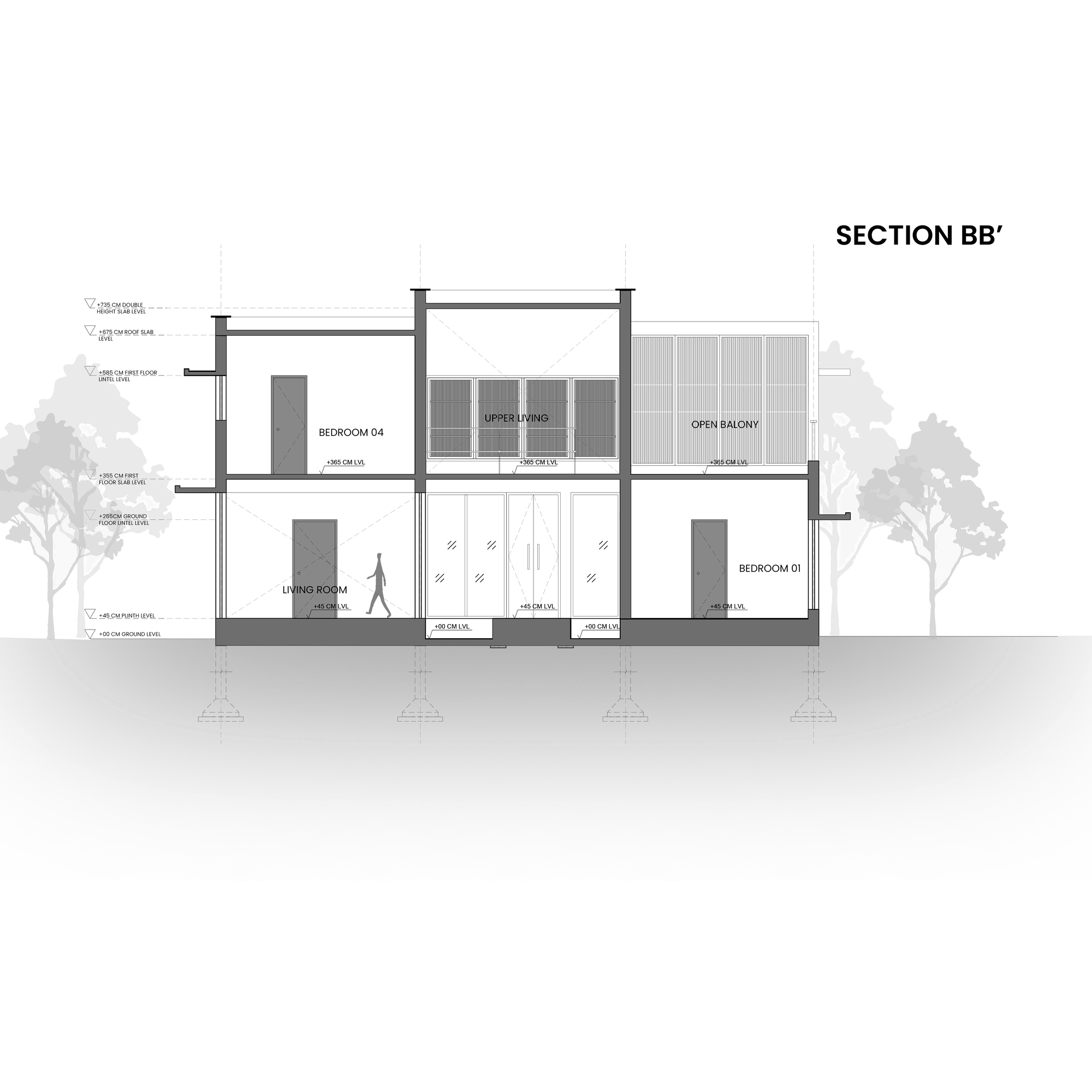 Section drawing showing the two-story arrangement with an open balcony overlooking the double-height living space