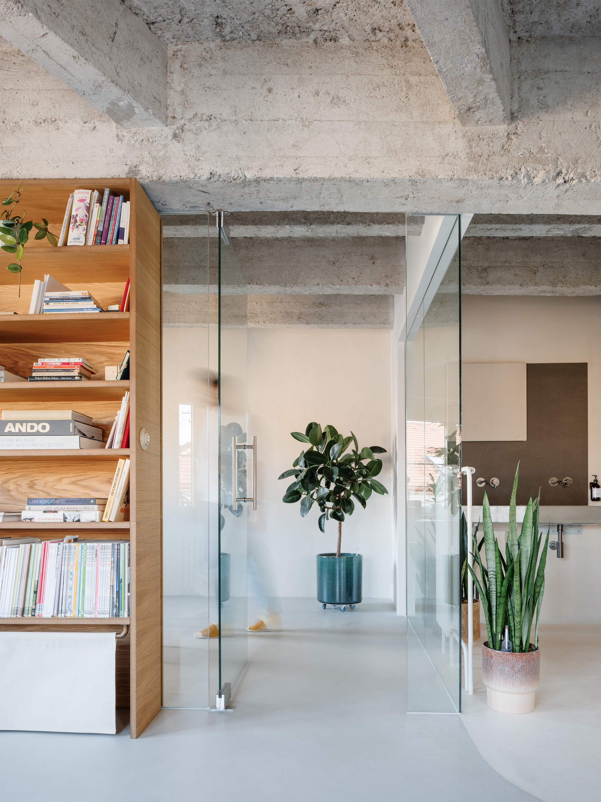 Glass-enclosed room viewed through open door with timber bookshelf, potted plants, and exposed concrete structure