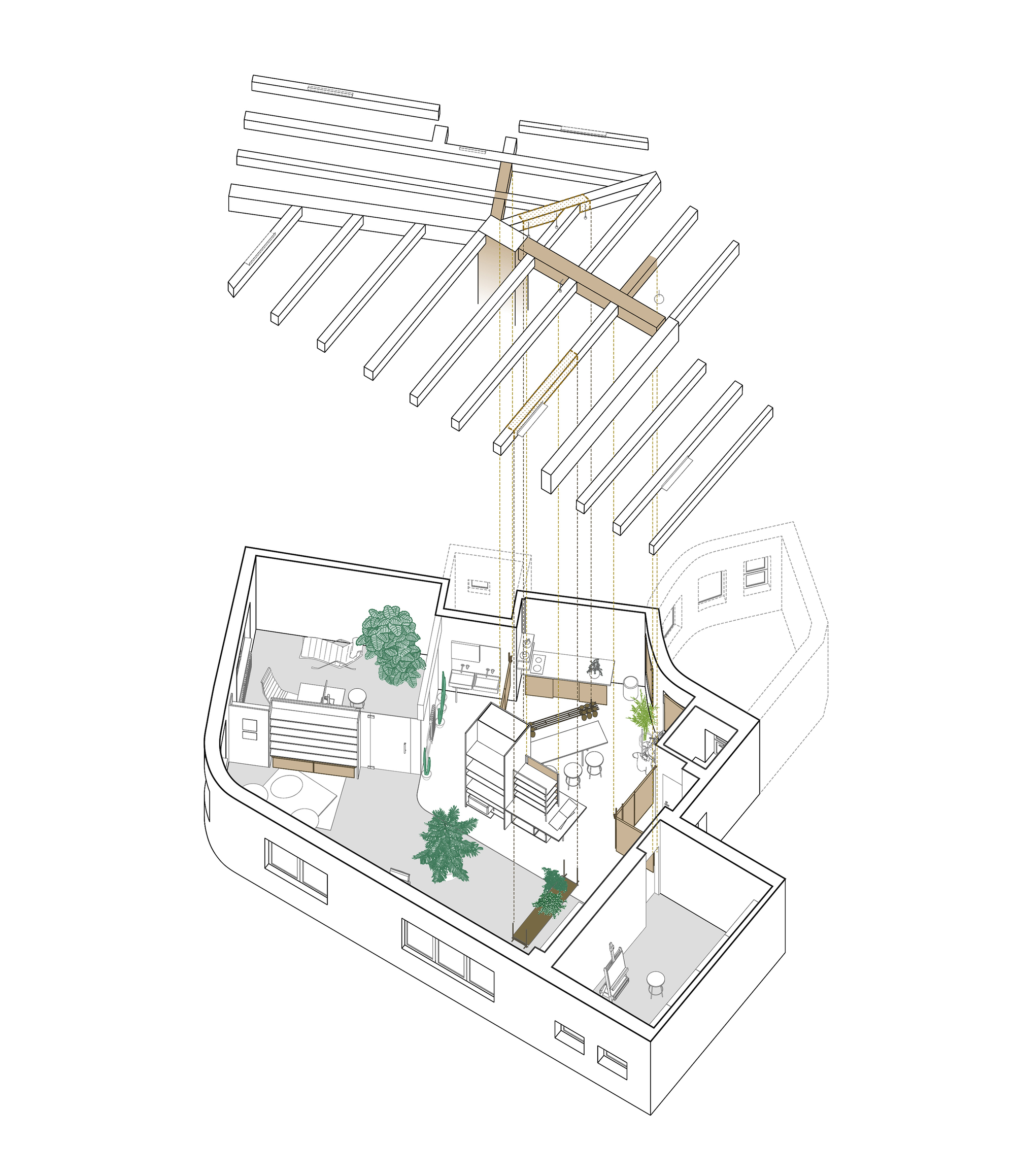 Axonometric drawing revealing timber structure connecting the pergola to interior volumes with greenery below