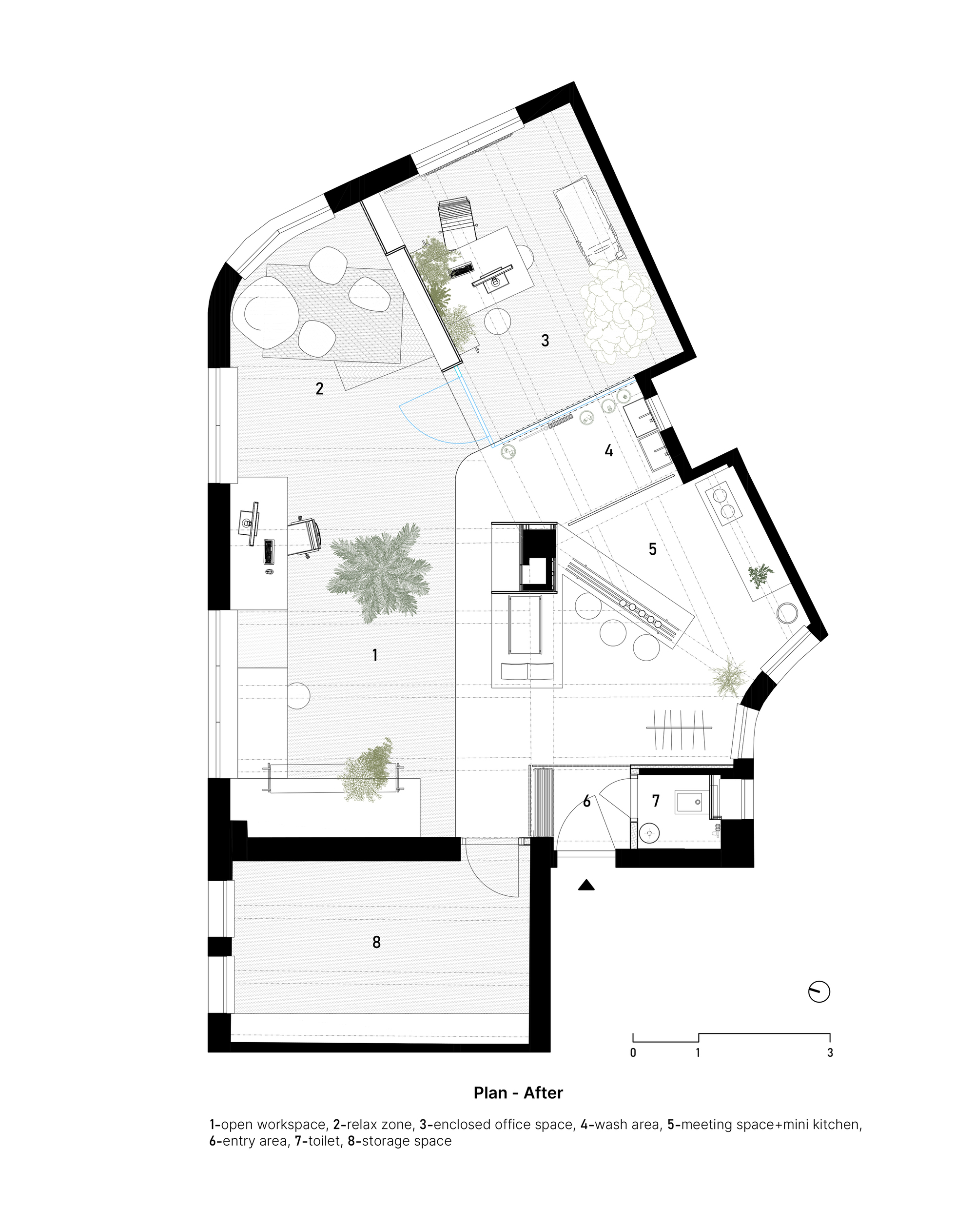 Floor plan drawing showing workspace, relax zone, office, kitchen, and entry terrace with plantings