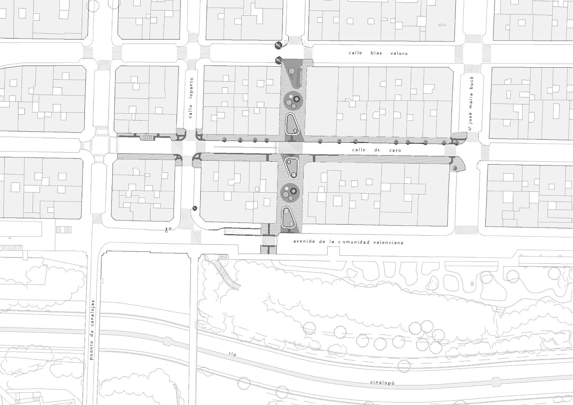 Site plan drawing showing street intersection with circular planting elements and building footprints