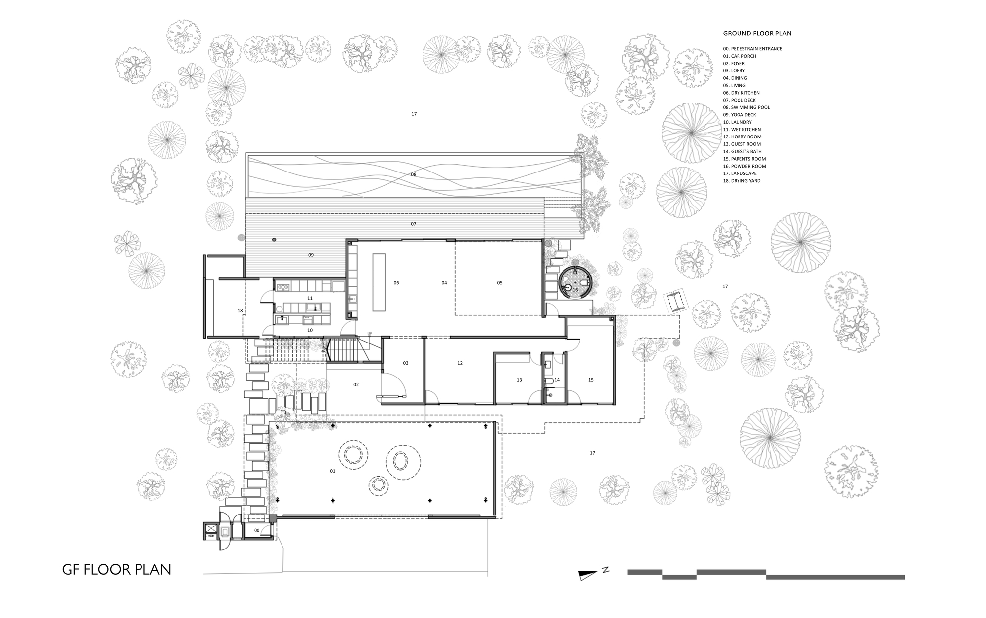 Ground floor plan drawing showing rectangular volumes with pool and surrounding tree canopies