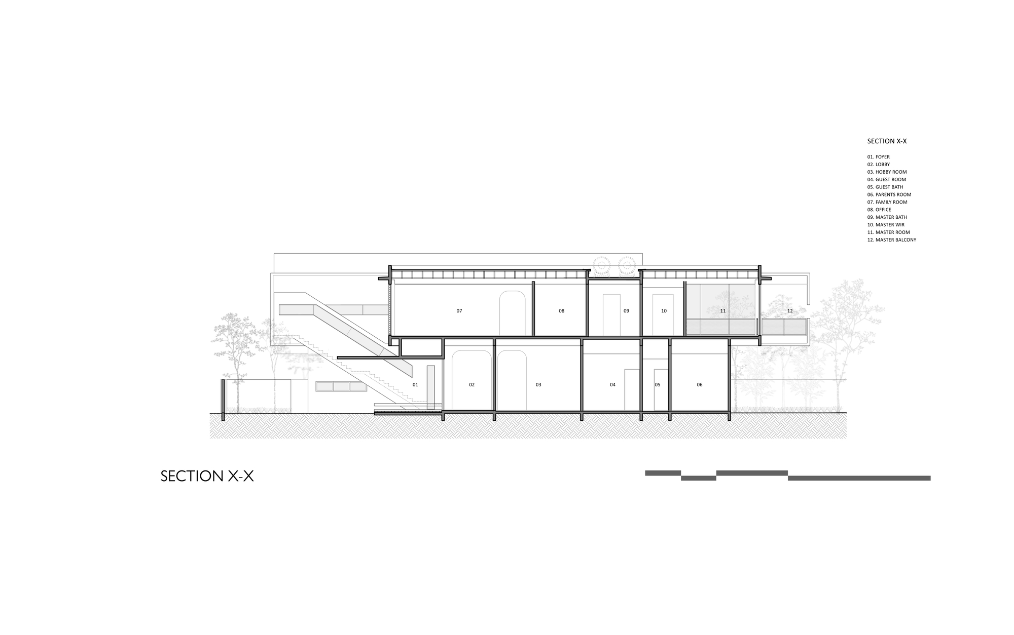 Section drawing showing two-story interior spaces with stair and flat roof structure