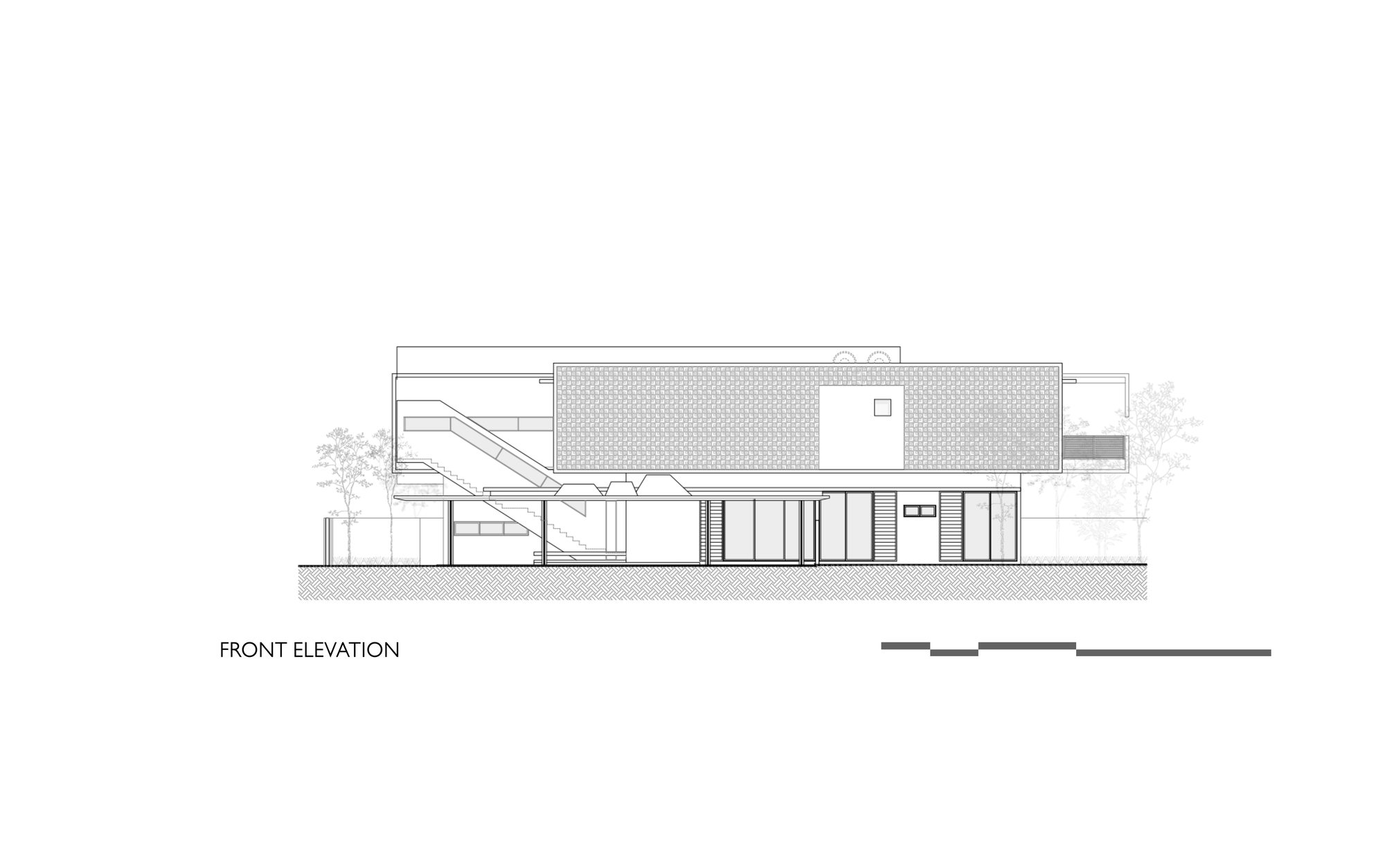 Front elevation drawing showing a two-story residence with textured roof planes and surrounding trees