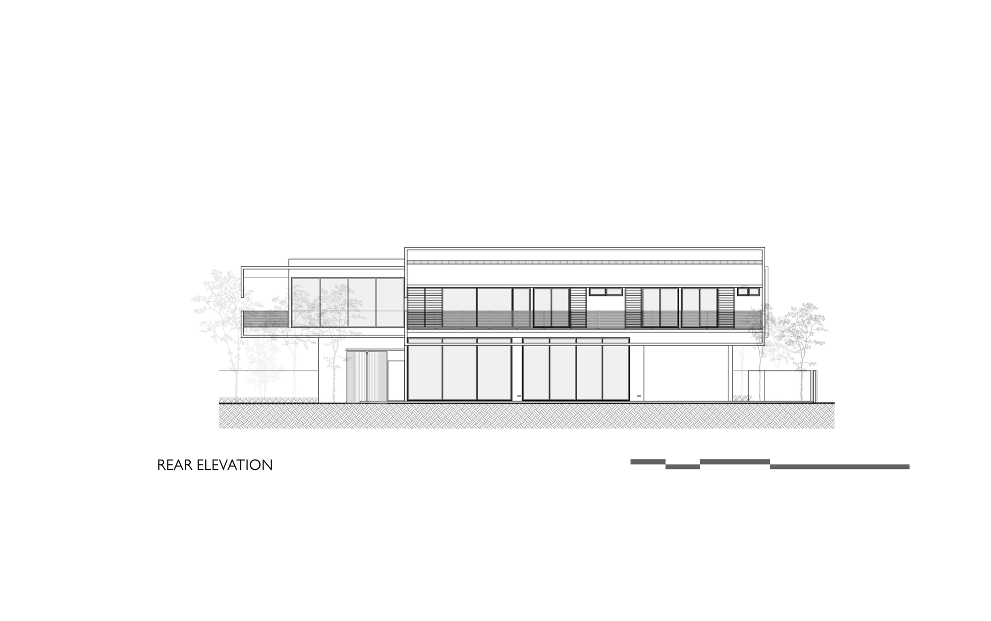 Rear elevation drawing showing glazed upper level with horizontal louvers and flanking trees