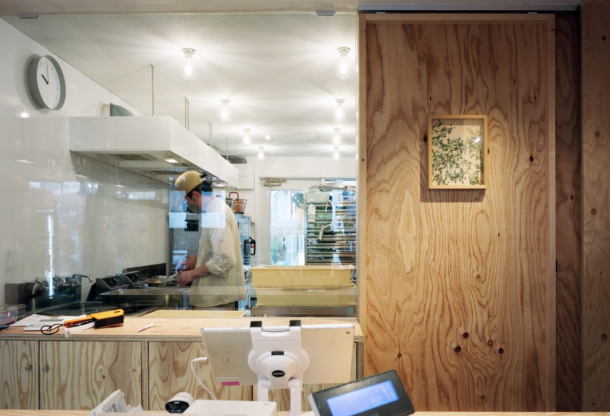 Kitchen counter with plywood panels and a framed floral artwork visible through glass