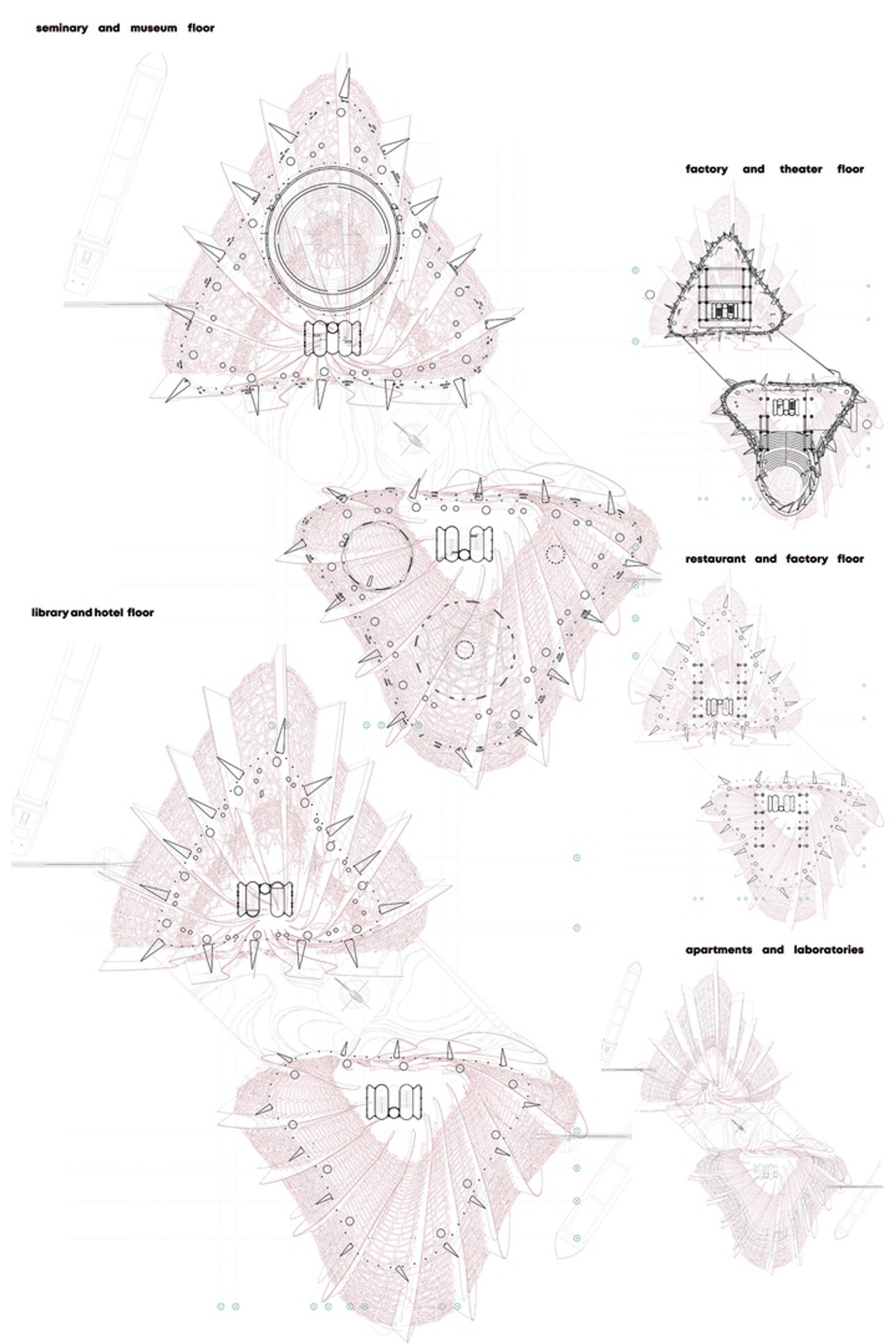 Organic floor geometries evolve across levels, responding to function, structure, and environmental forces within the tower.