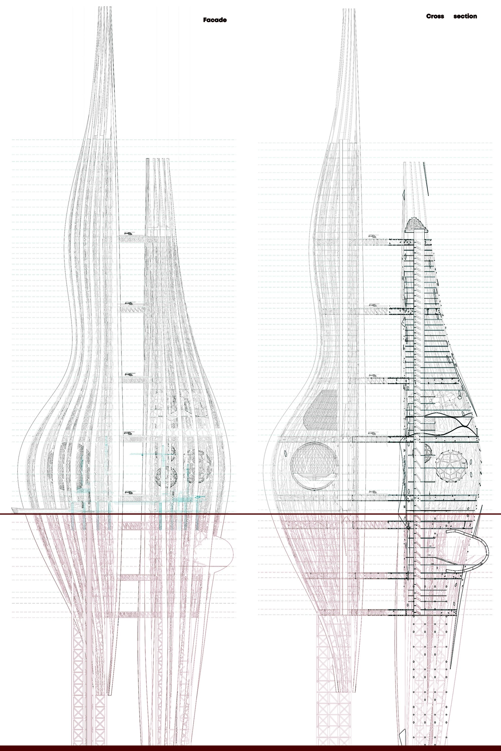 Structural logic and spatial organization are revealed through a detailed façade system and sectional breakdown of the tower.