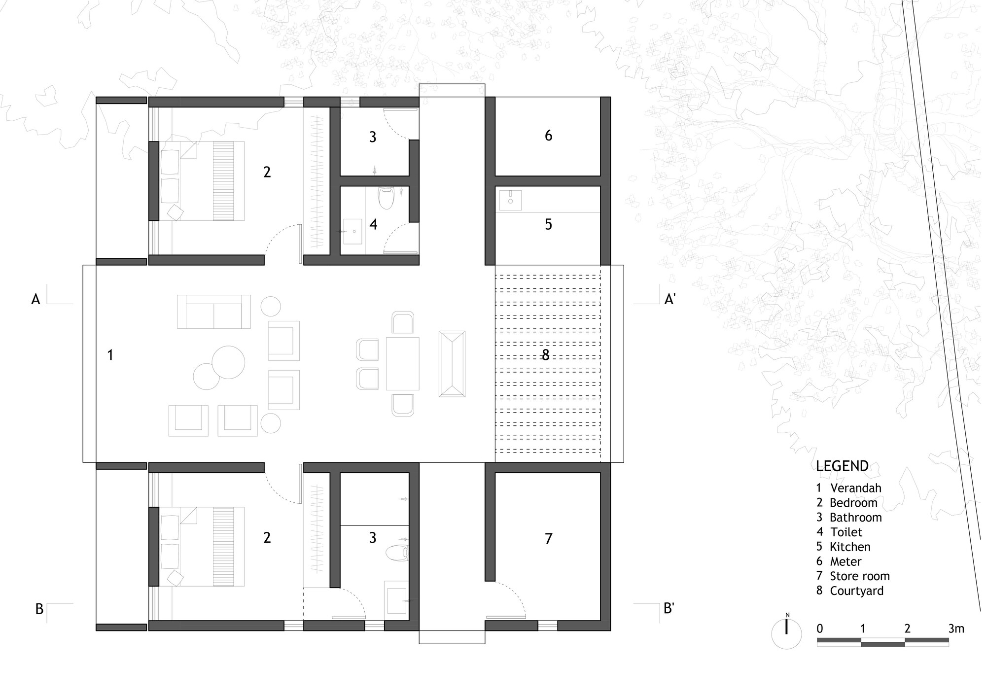 Floor plan drawing showing rooms arranged around a central open-air courtyard with surrounding landscaping