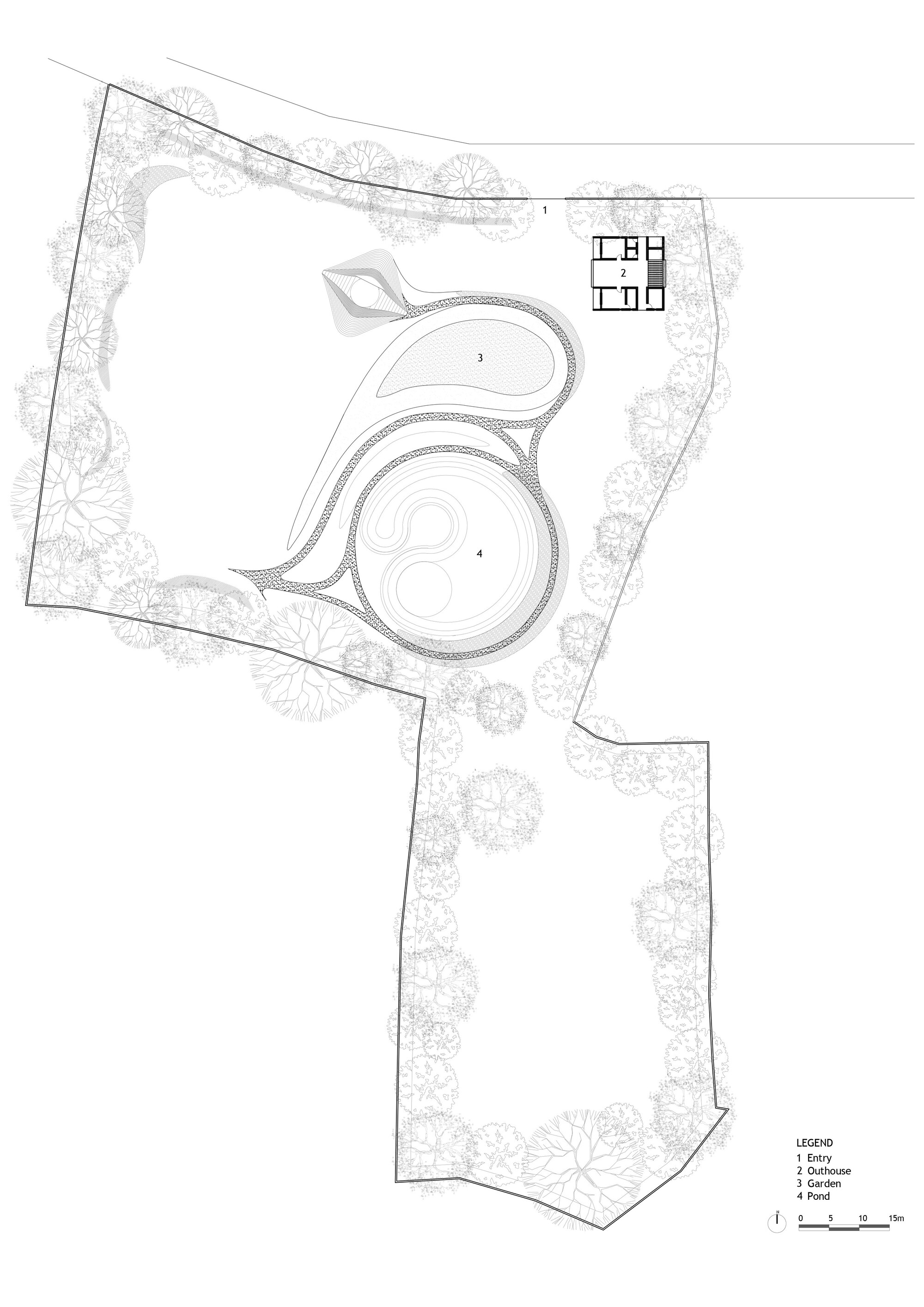 Site plan drawing showing curving water features and residence footprint among trees