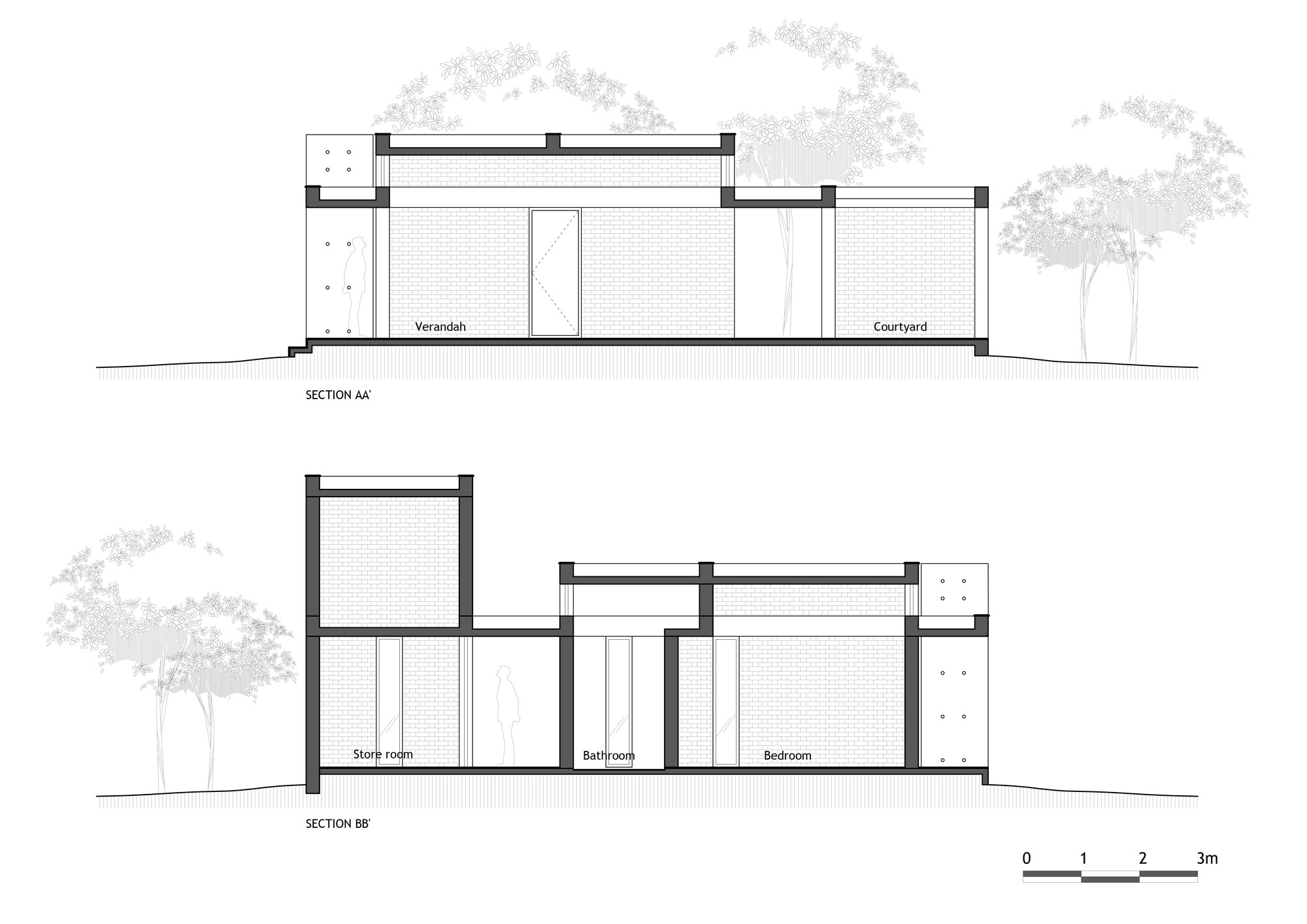 Section drawings showing veranda, courtyard, bedroom and bathroom spatial relationships with flanking trees