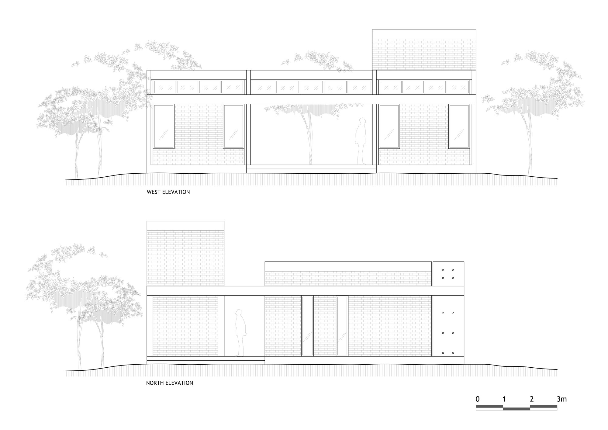 Elevation drawings showing west and north facades with clerestory windows and surrounding tree canopies