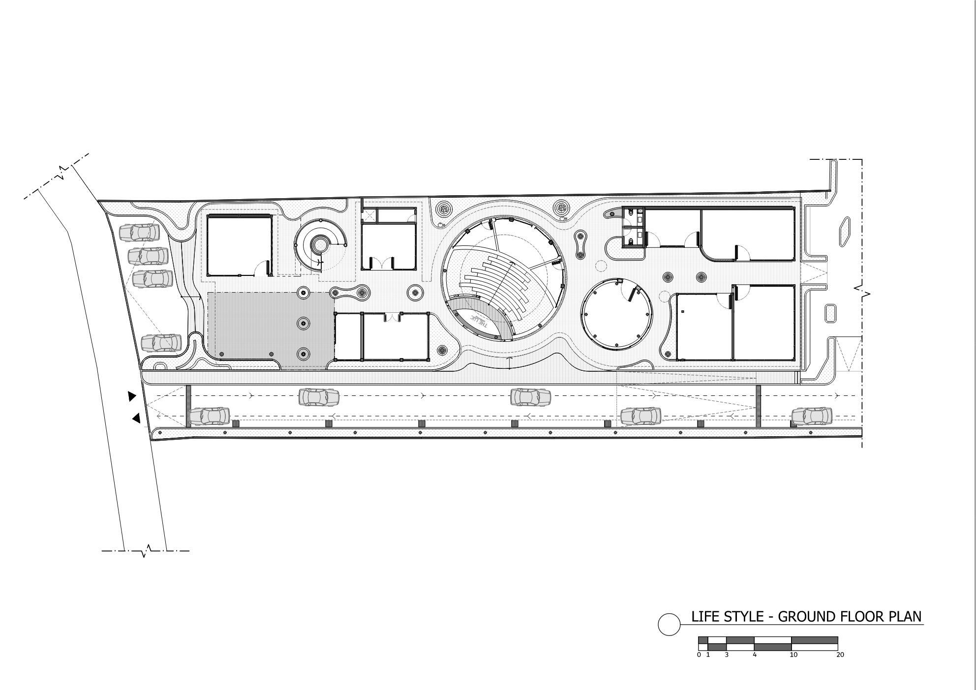 Ground floor plan drawing showing circular central space and adjacent parking